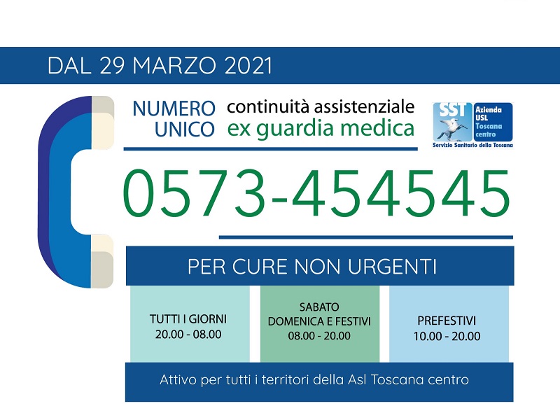 Scritte riportate sulla locandina: Numero Unico Continuità Assistenziale (ex Guardia Medica) 0573 454545. Per cure non urgenti. Tutti i giorni dalla 20.00 alle 8.00, Sabato, Domenica e festivi dalle  8.00 alle 20.00, prefestivi dalle 10.00 alle 20.00. Attivo per tutti i territori della USL Toscana centro.
