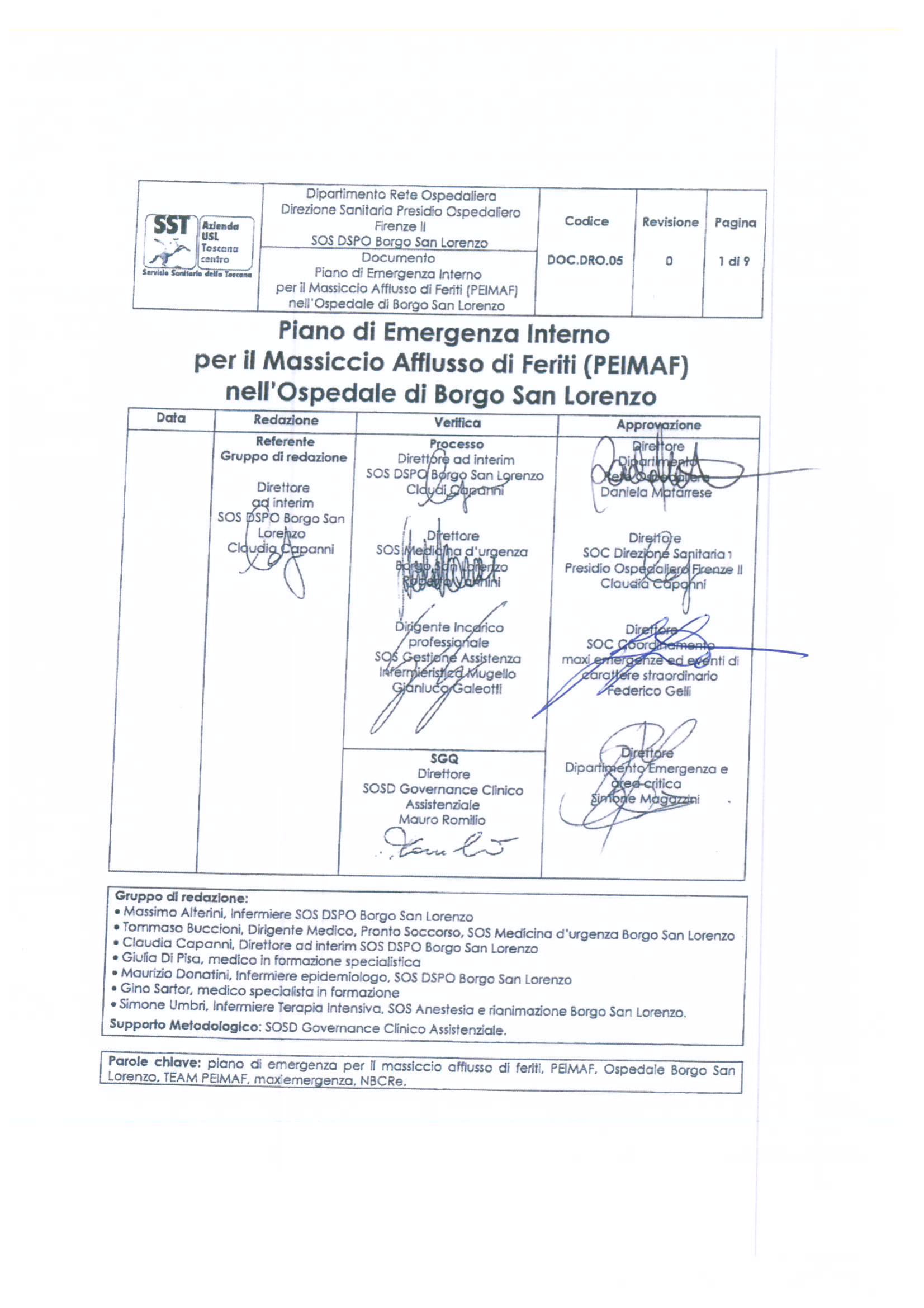 DOC.DRO.05 Piano di Emergenza Interno per il Massiccio Afflusso di Feriti (PEIMAF) nell’Ospedale di Borgo San Lorenzo