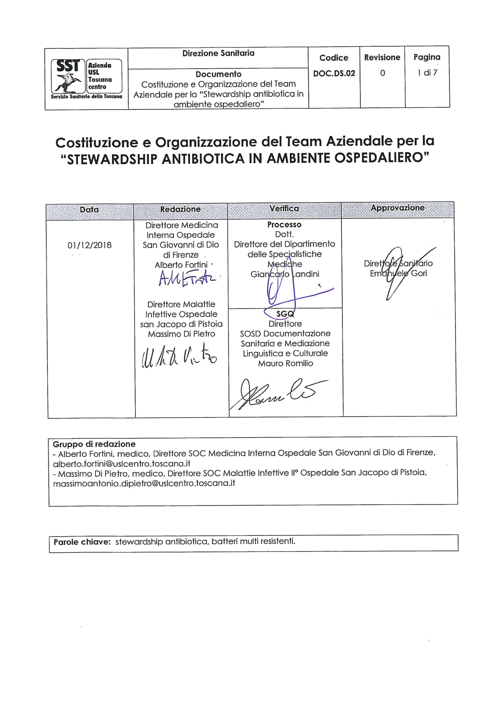 DOC.DS.02 Costituzione e Organizzazione del Team Aziendale per la “Stewardship antibiotica in ambiente ospedaliero”