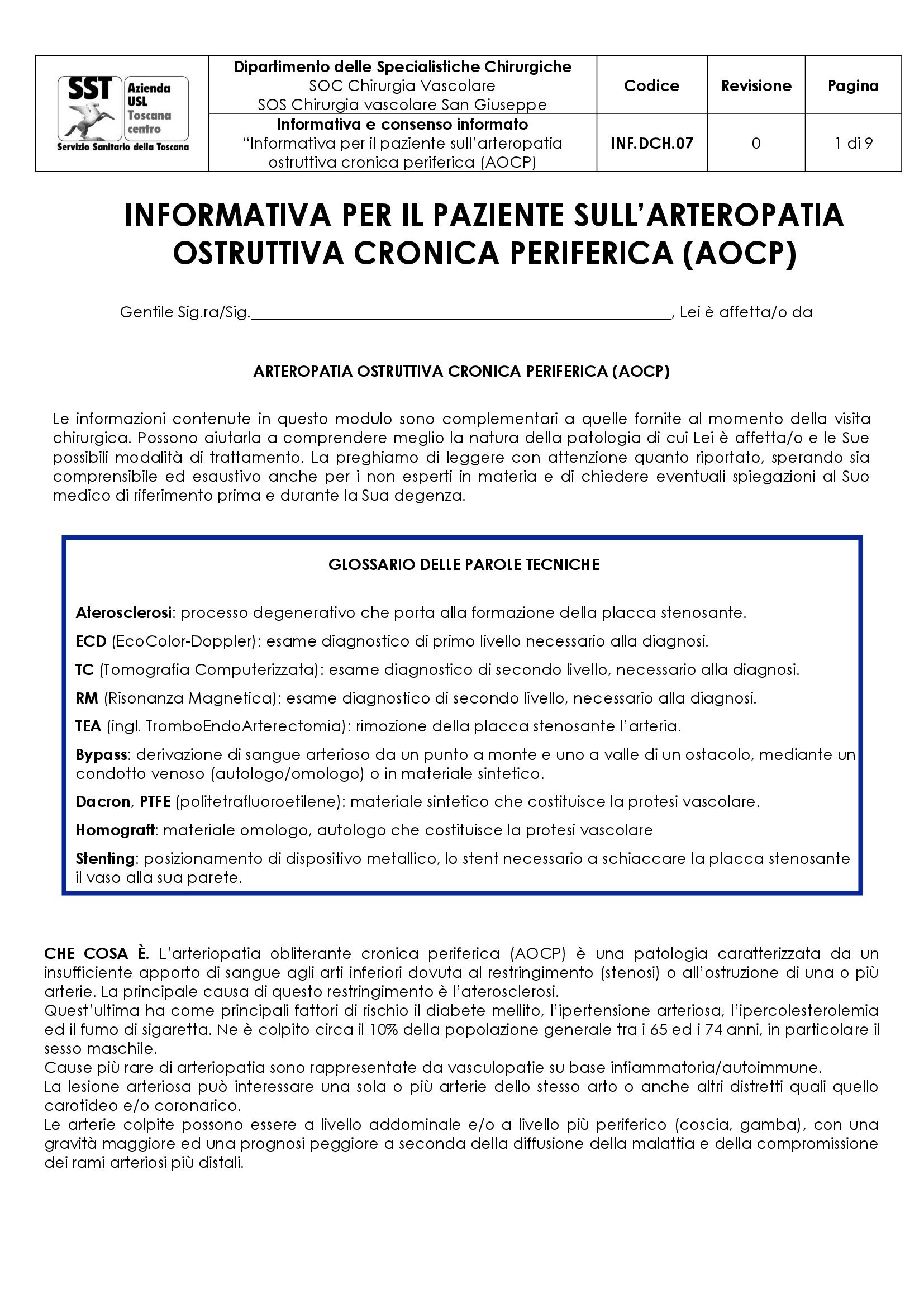 INF.DCH.07 “Informativa per il paziente sull’arteropatia ostruttiva cronica periferica (AOCP)"