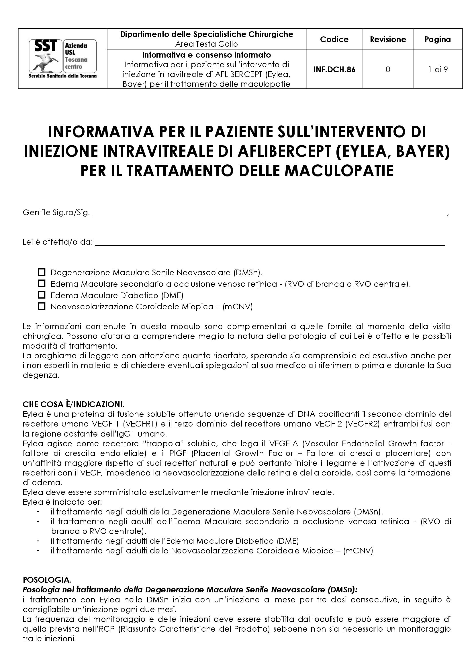 INF.DCH.86 Informativa per il paziente sull’intervento di iniezione intravitreale di AFLIBERCEPT (Eylea, Bayer) per il trattamento delle maculopatie