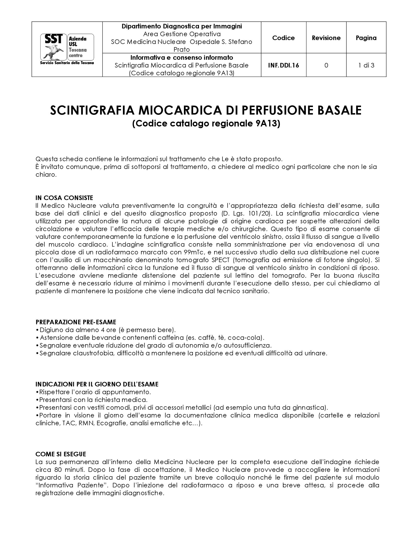 INF.DDI.16 Scintigrafia Miocardica di Perfusione Basale (Codice catalogo regionale 9A13)