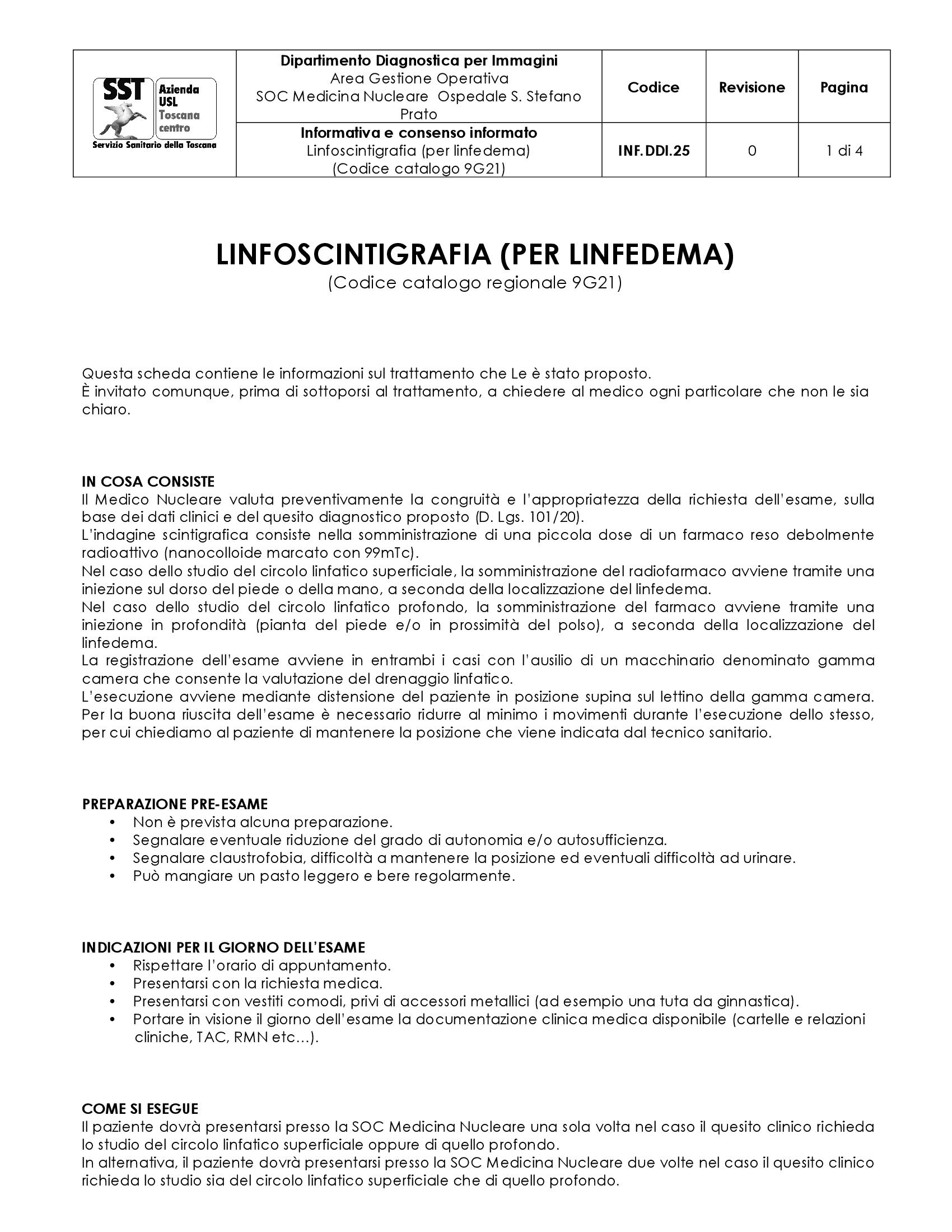 INF.DDI.25 Linfoscintigrafia (per linfedema) (Codice catalogo 9G21)