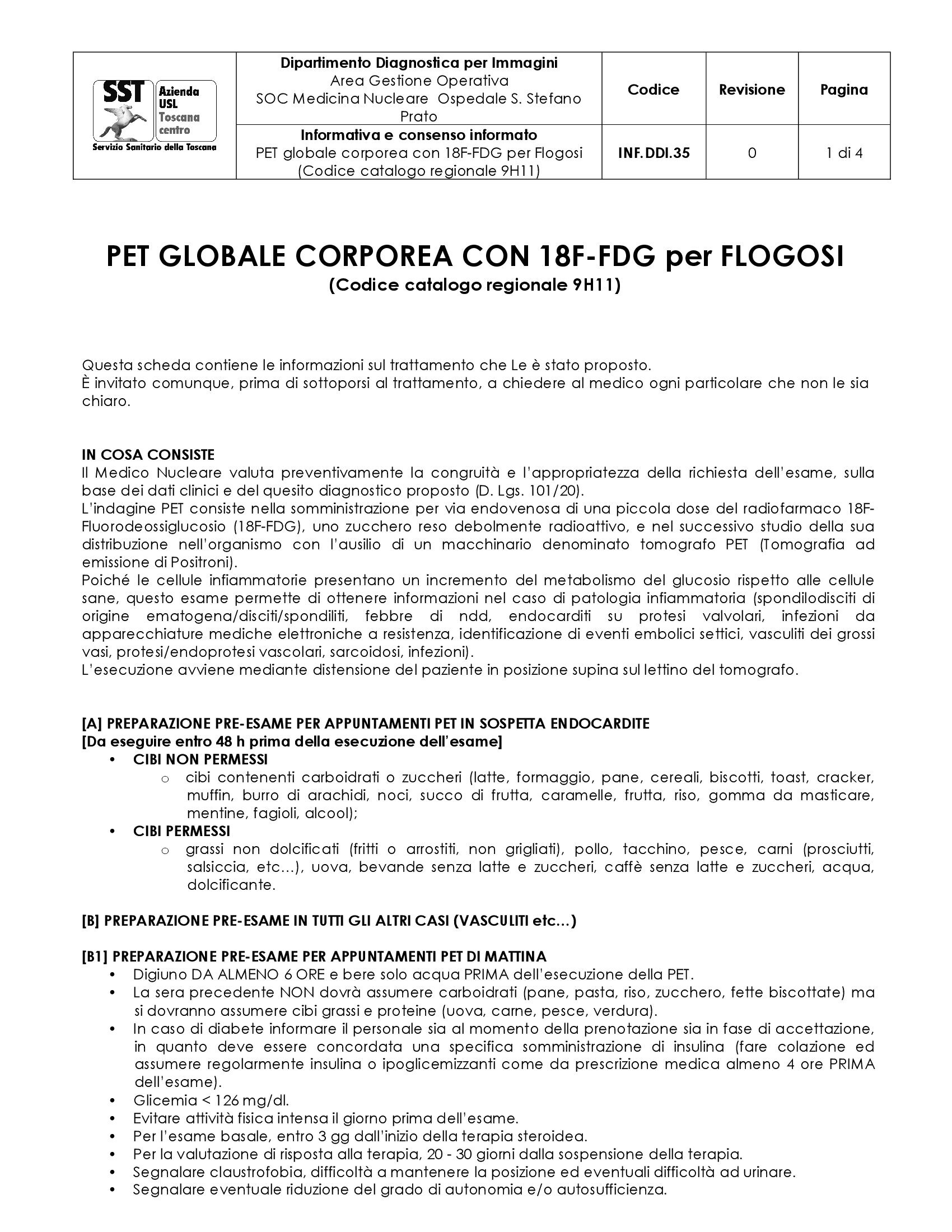 INF.DDI.35 PET globale corporea con 18F-FDG per Flogosi (Codice catalogo regionale 9H11)