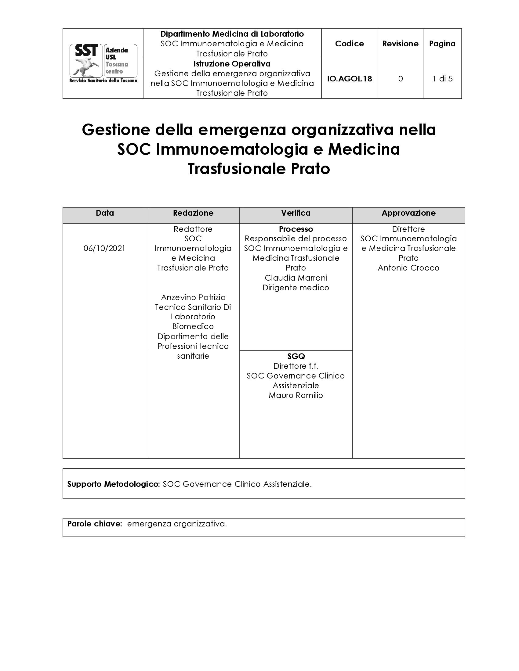 IO.AGOL.18 Gestione della emergenza organizzativa nella SOC Immunoematologia e Medicina Trasfusionale Prato