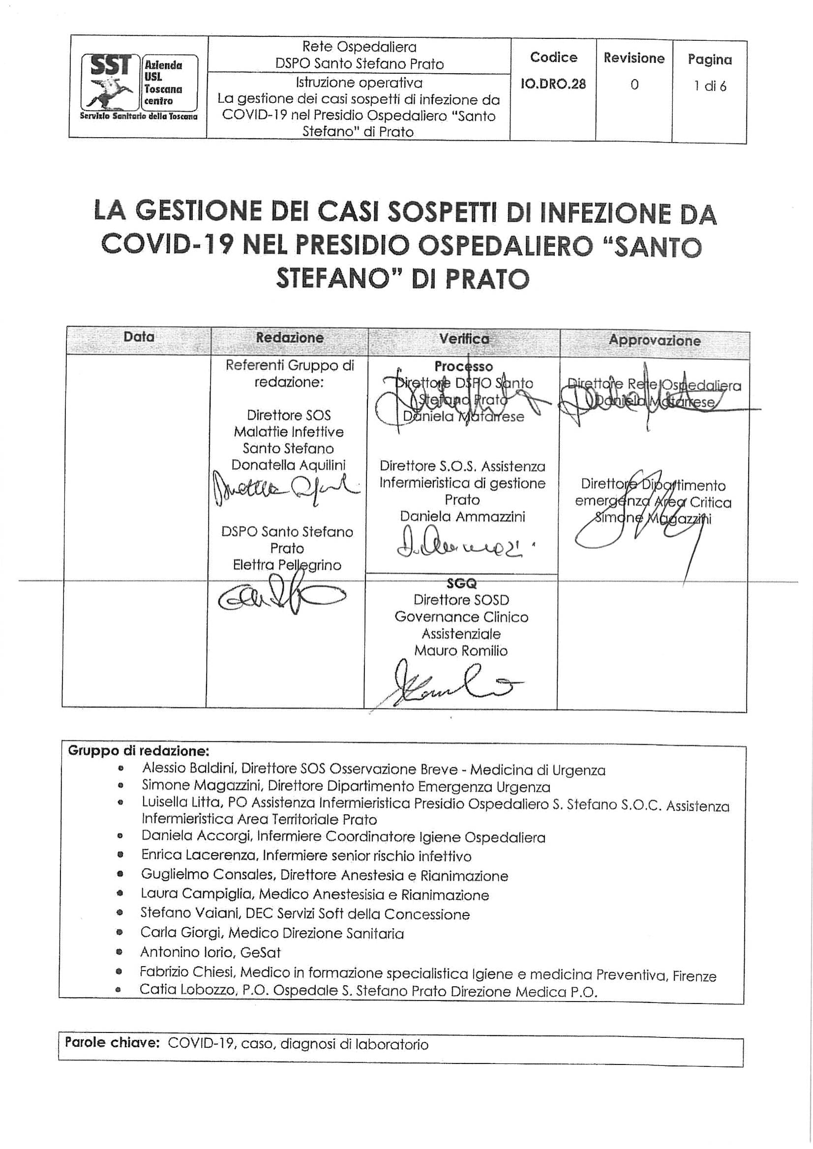 IO.DRO.28 La gestione dei casi sospetti di infezione da COVID-19 nel Presidio Ospedaliero “Santo Stefano” di Prato