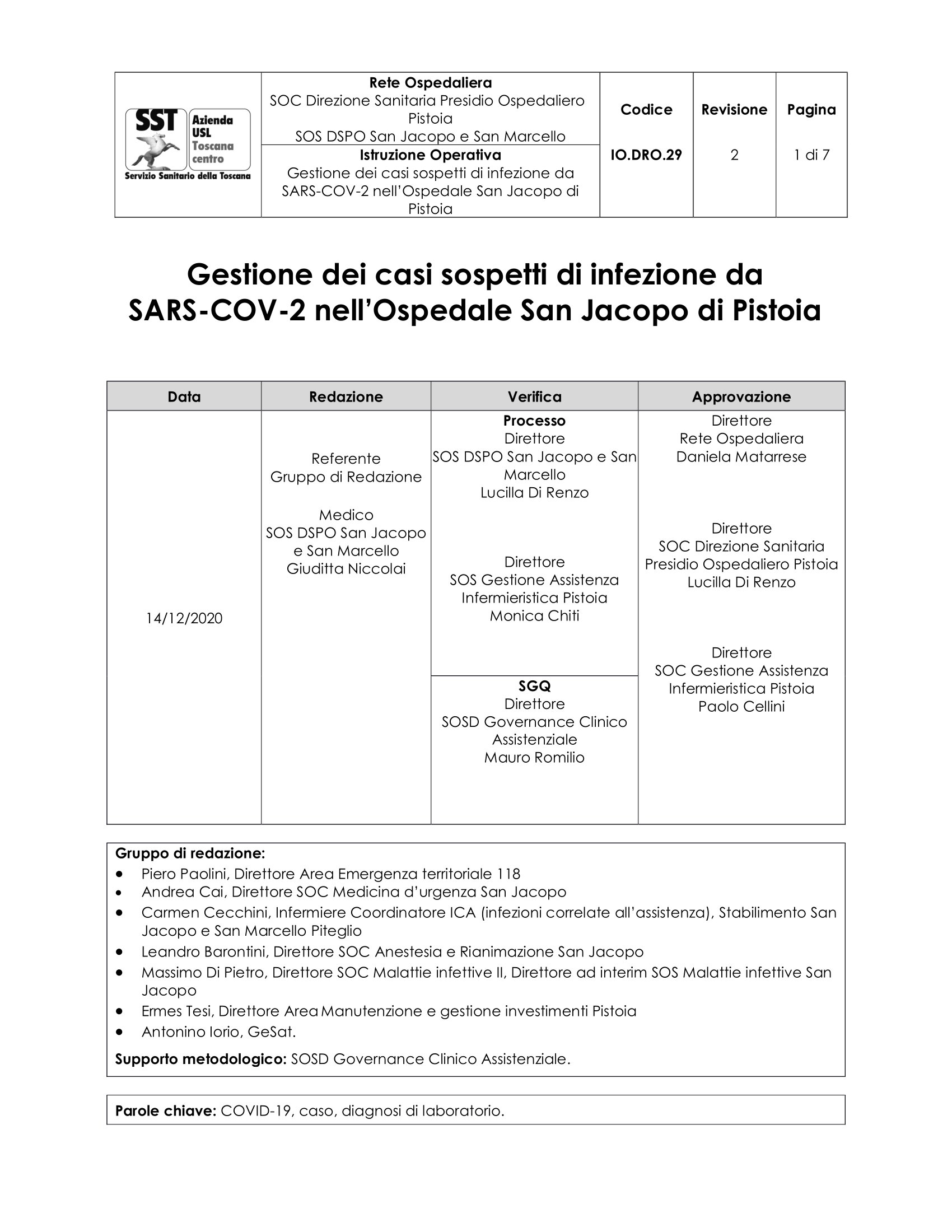 IO.DRO.29 rev.2 Gestione dei casi sospetti di infezione da SARS-COV-2 nell’Ospedale San Jacopo di Pistoia