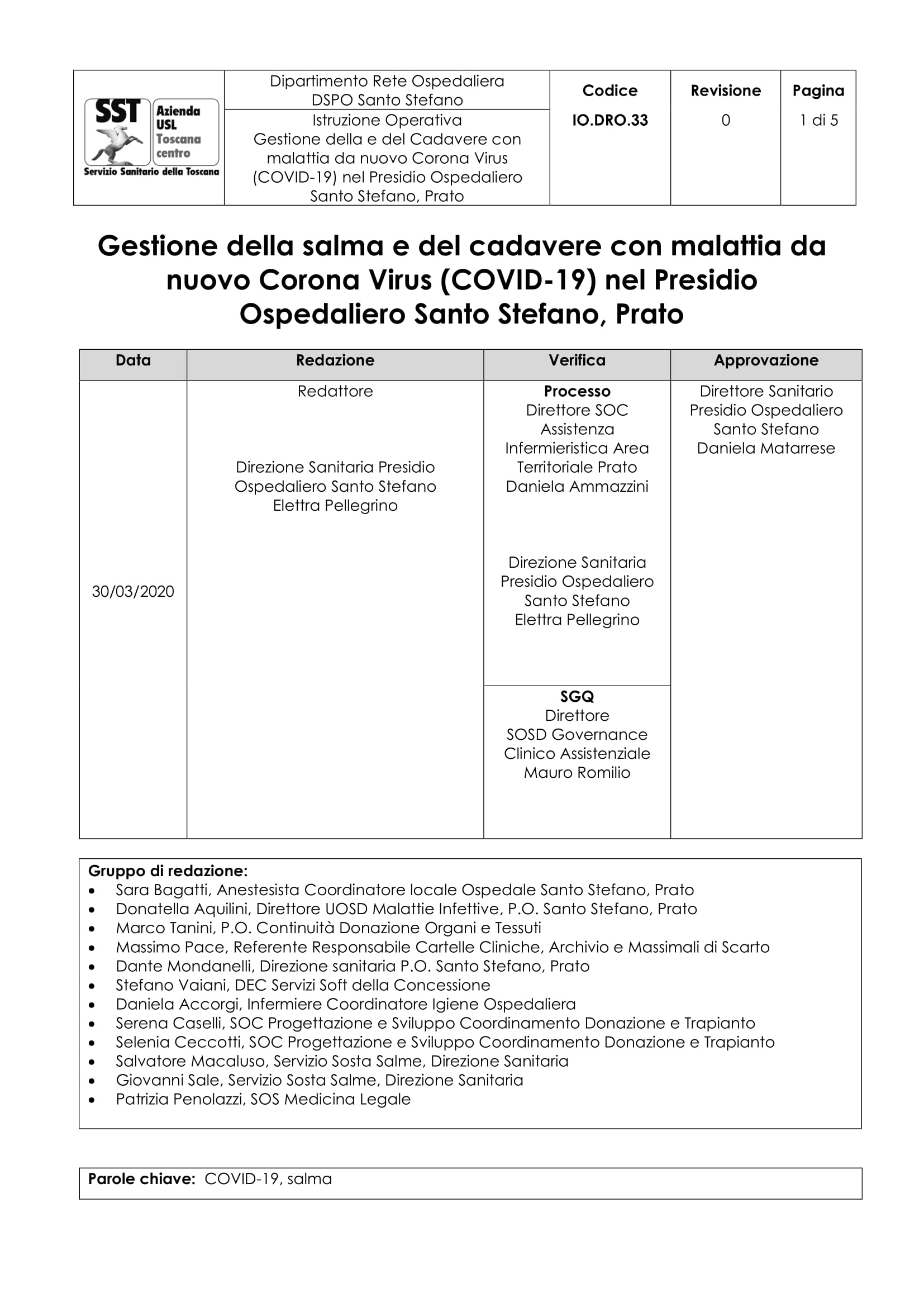 IO.DRO.33 Gestione della salma e del cadavere con malattia da nuovo Corona Virus (COVID-19) nel Presidio Ospedaliero Santo Stefano, Prato