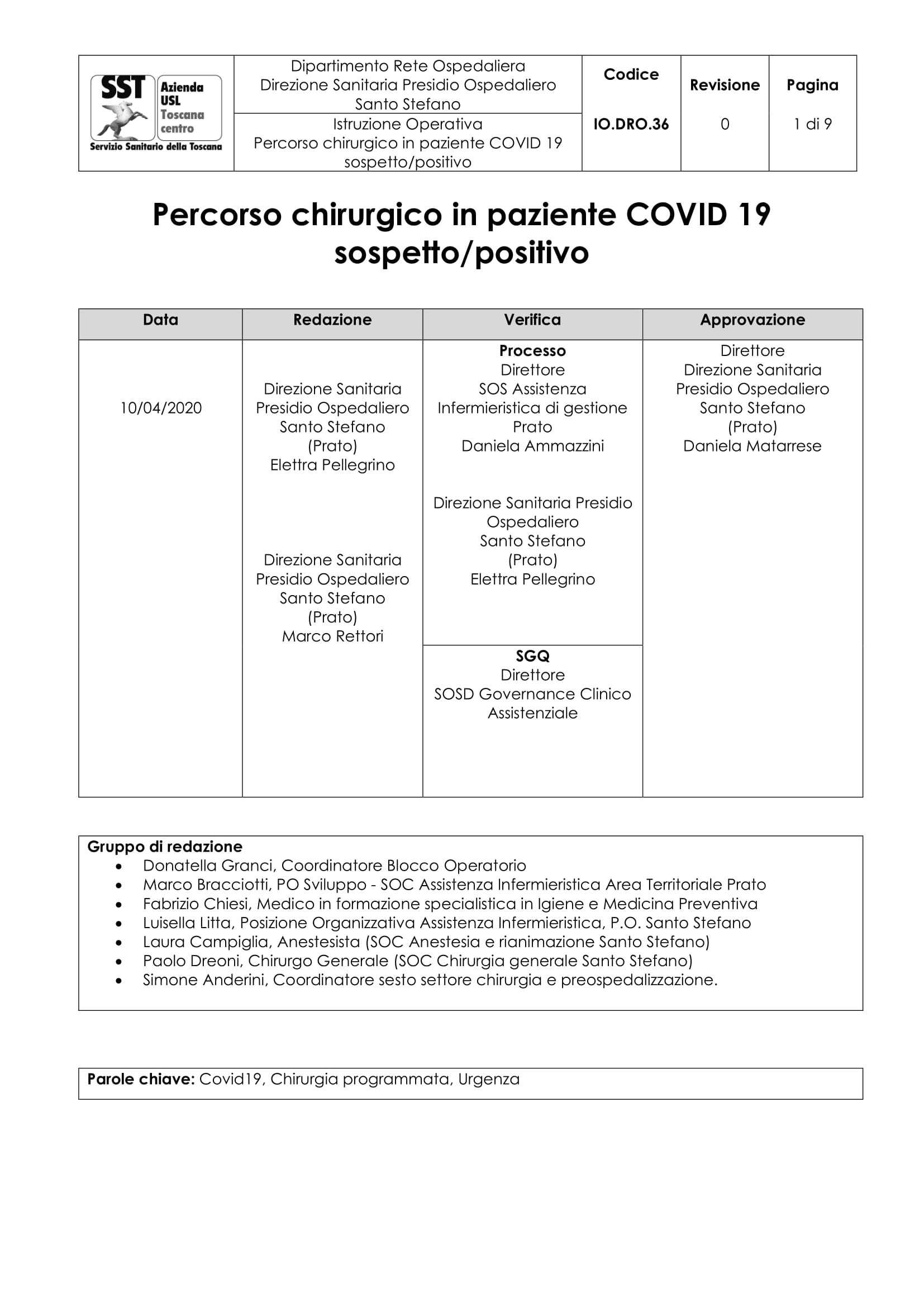 IO.DRO.36 Percorso chirurgico in paziente COVID 19 sospetto/positivo