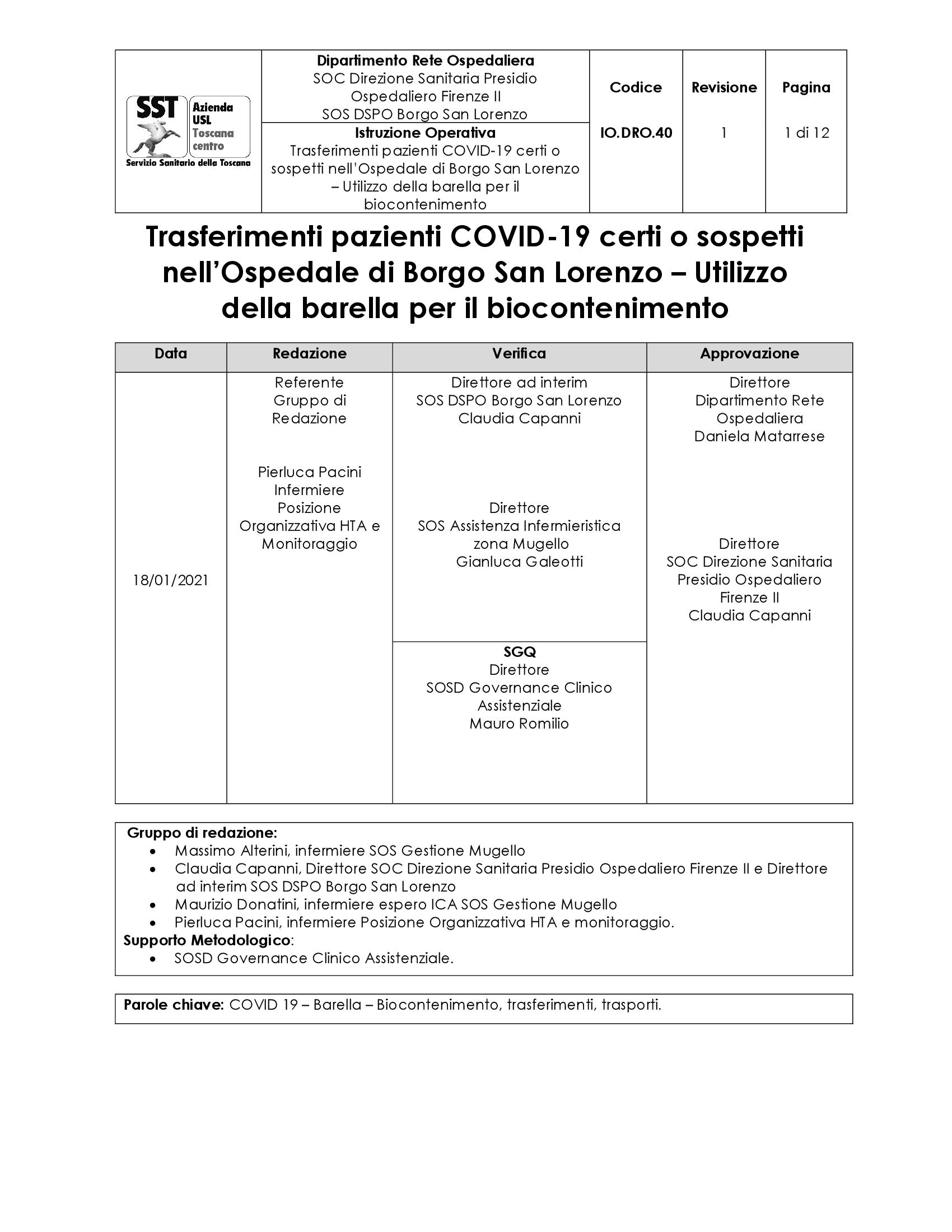 IO.DRO.40 rev.1 Trasferimenti pazienti COVID-19 certi o sospetti nell’Ospedale di Borgo San Lorenzo – Utilizzo della barella per il biocontenimento