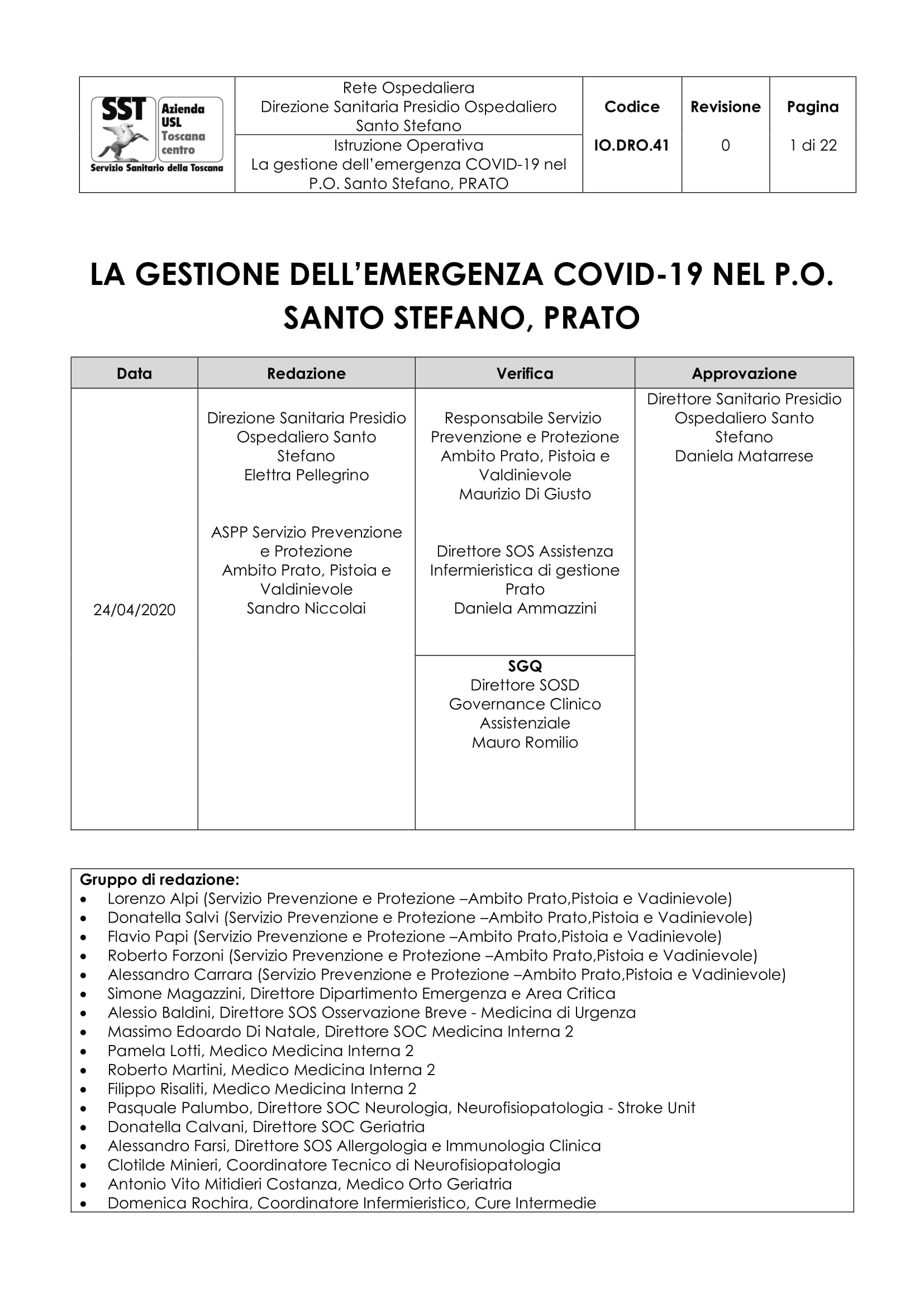 IO.DRO.41 La gestione dell’emergenza COVID-19 nel P.O. Santo Stefano, PRATO
