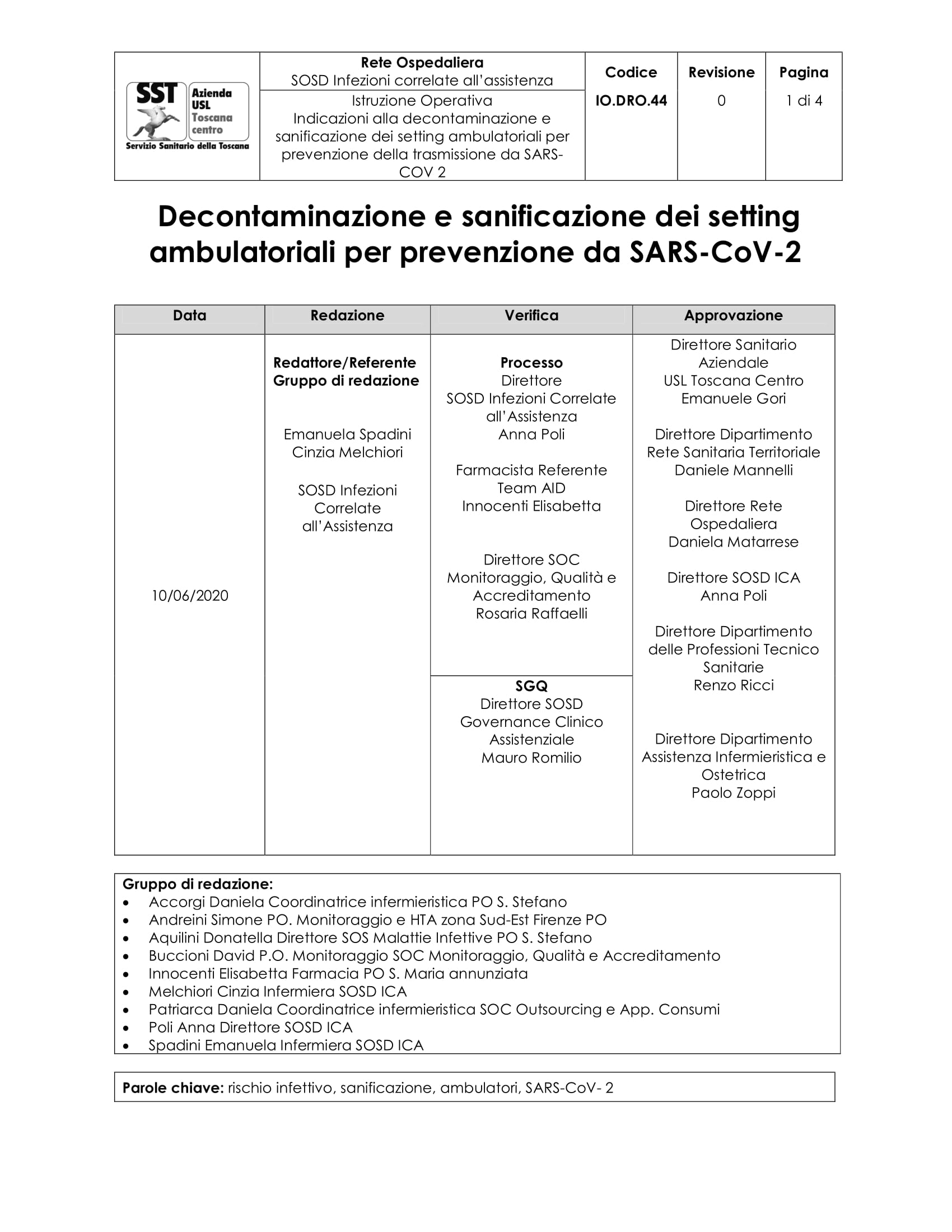 IO.DRO.44 Decontaminazione e sanificazione dei setting ambulatoriali per prevenzione da SARS-CoV-2