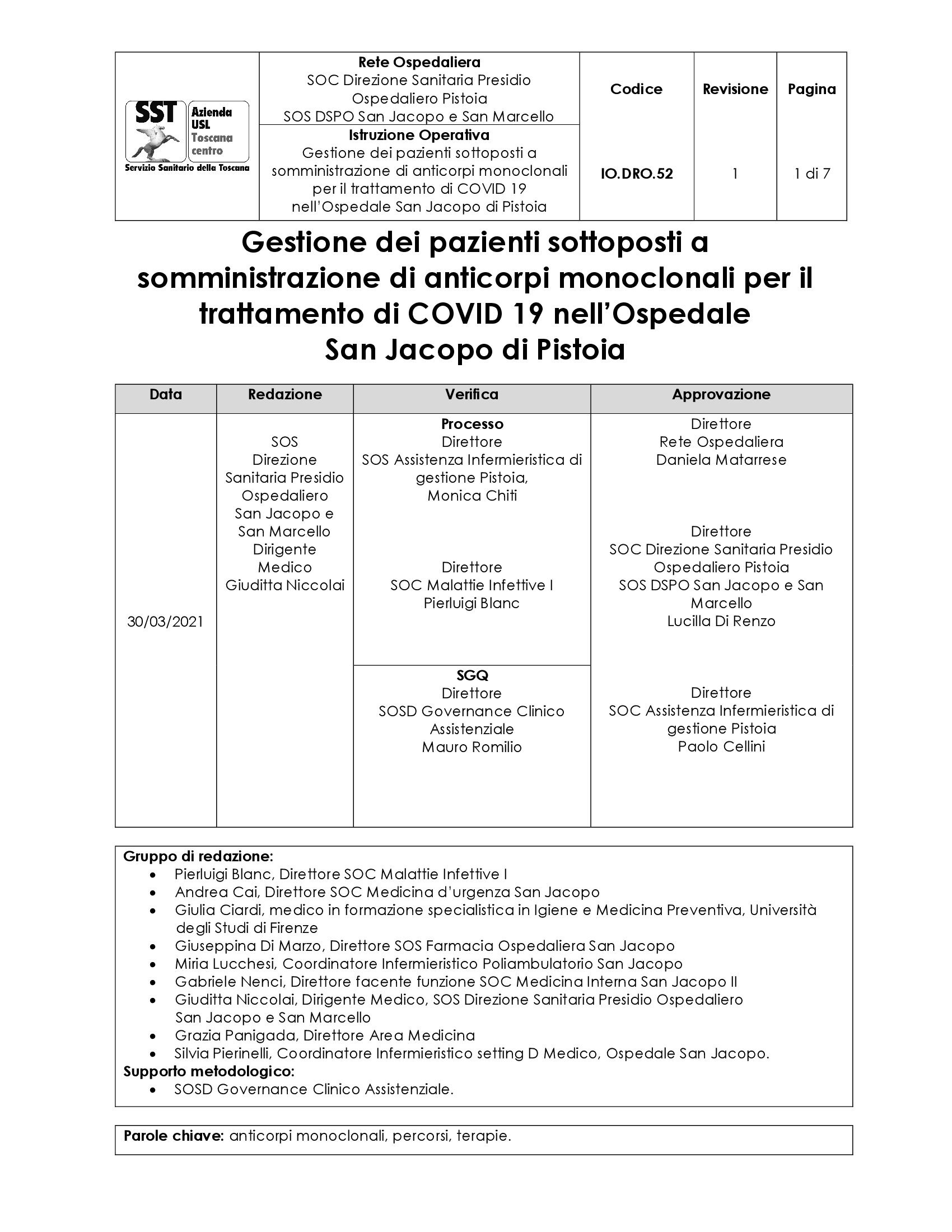 IO.DRO.52 rev.1 Gestione dei pazienti sottoposti a somministrazione di anticorpi monoclonali per il trattamento di COVID 19 nell’Ospedale San Jacopo di Pistoia