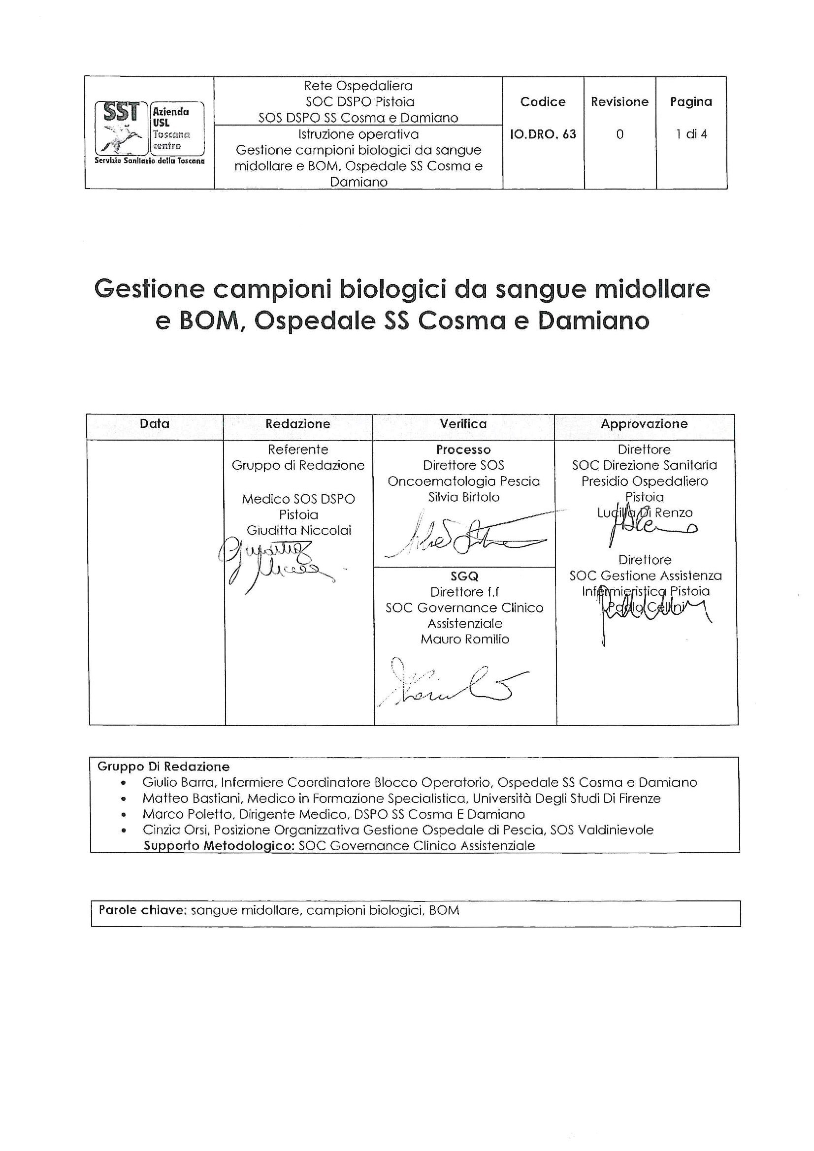 IO.DRO. 63 Gestione campioni biologici da sangue midollare e BOM, Ospedale SS Cosma e Damiano