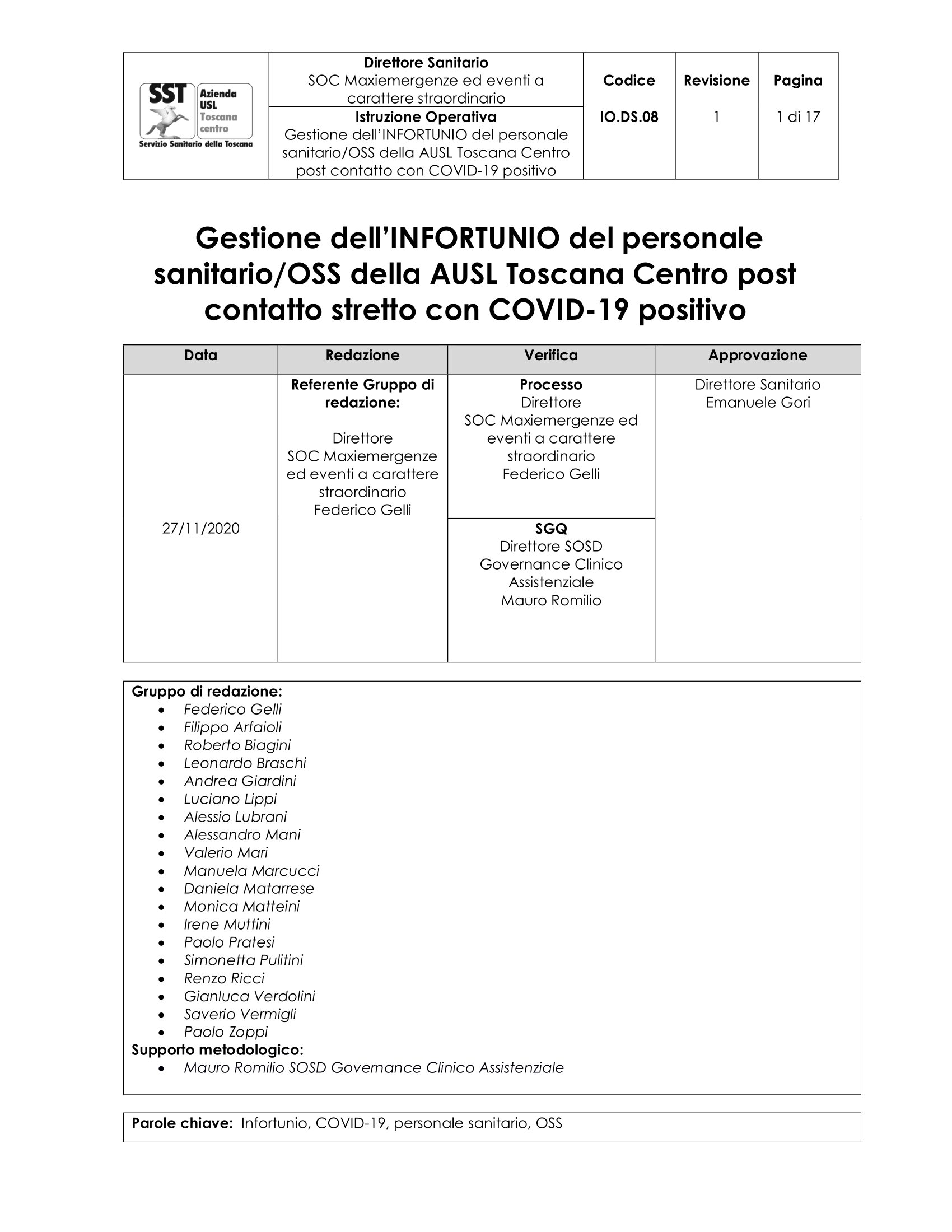 IO.DS.08 rev.1 Gestione dell’INFORTUNIO del personale sanitario/OSS della AUSL Toscana Centro post contatto stretto con COVID-19 positivo