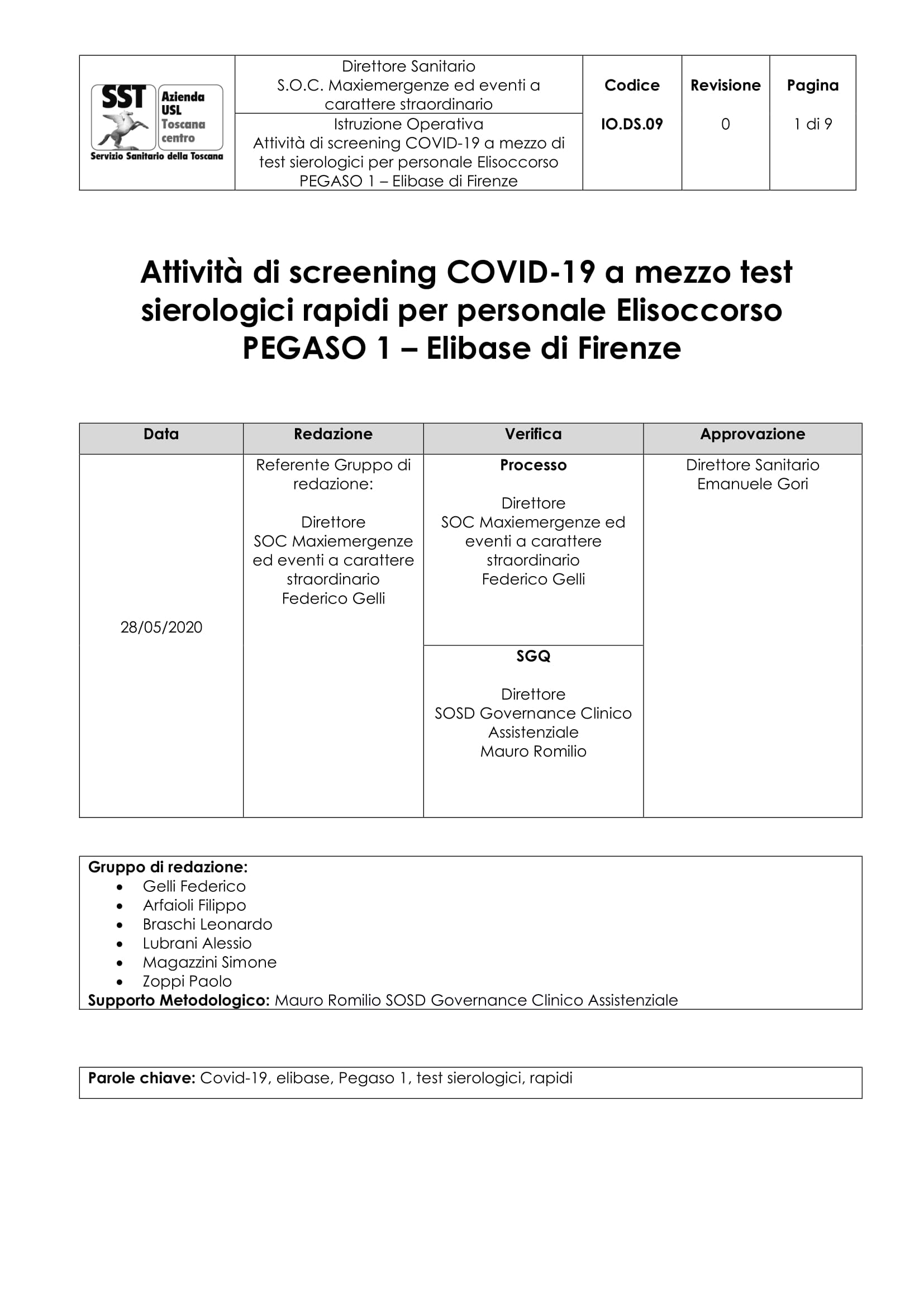 IO.DS.09 Attività di screening COVID-19 a mezzo test sierologici rapidi per personale Elisoccorso PEGASO 1 – Elibase di Firenze