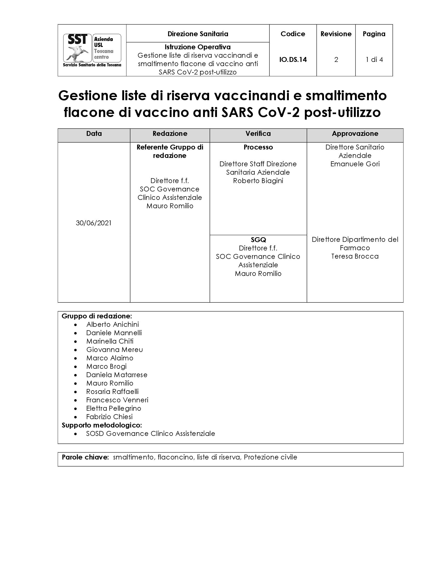 IO.DS.14 rev.2 Gestione liste di riserva vaccinandi e smaltimento flacone di vaccino anti SARS CoV-2 post-utilizzo
