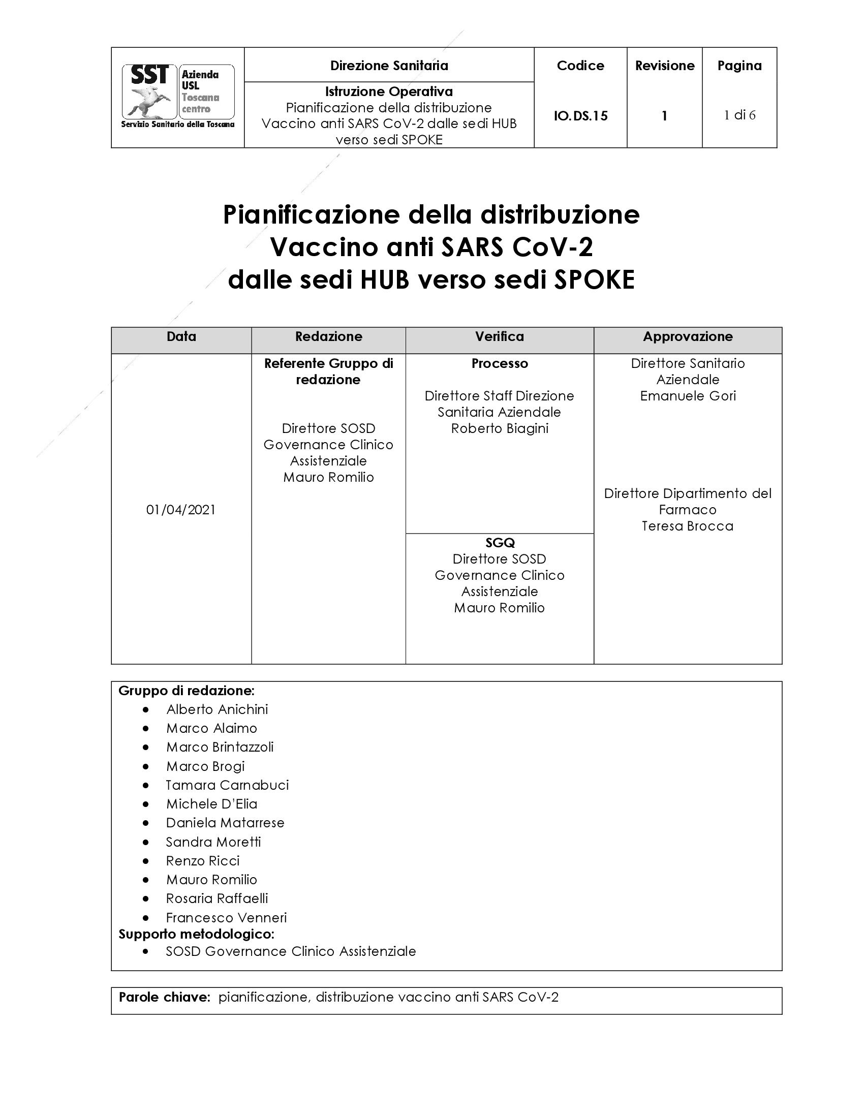 IO.DS.15 rev.1 Pianificazione della distribuzione Vaccino anti SARS CoV-2 dalle sedi HUB verso sedi SPOKE