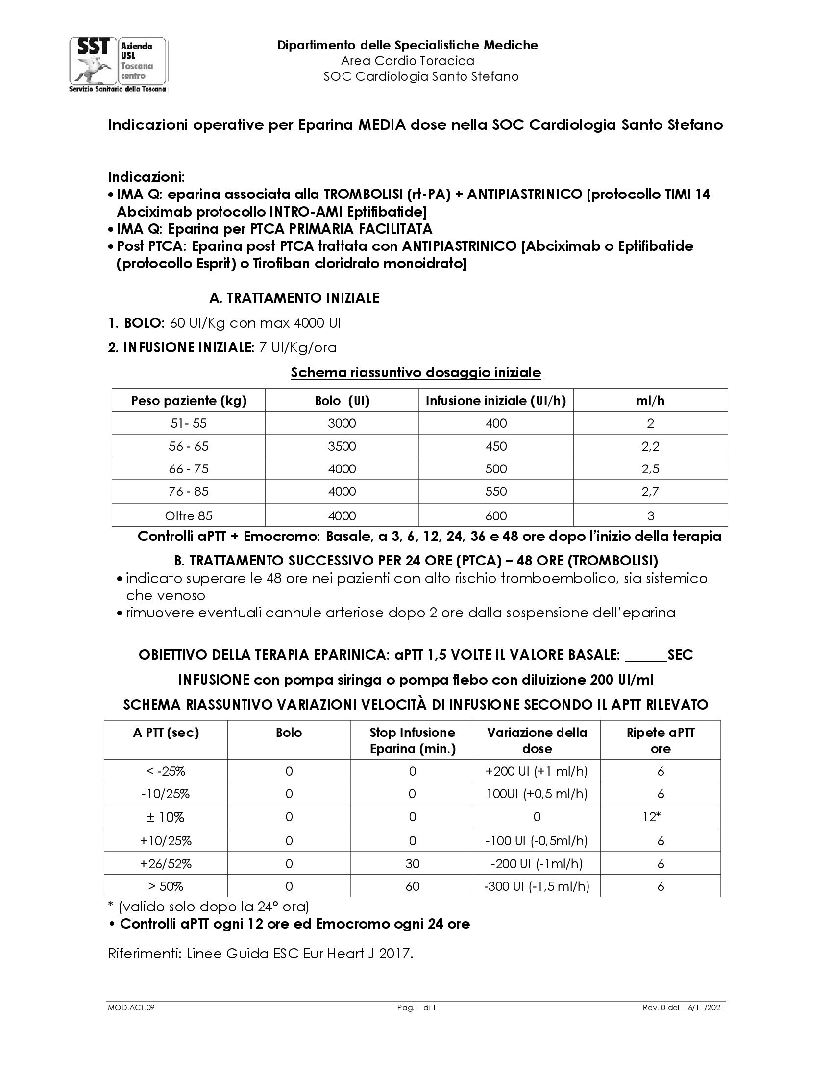 MOD.ACT.09 Indicazioni operative per Eparina MEDIA dose nella SOC Cardiologia Santo Stefano