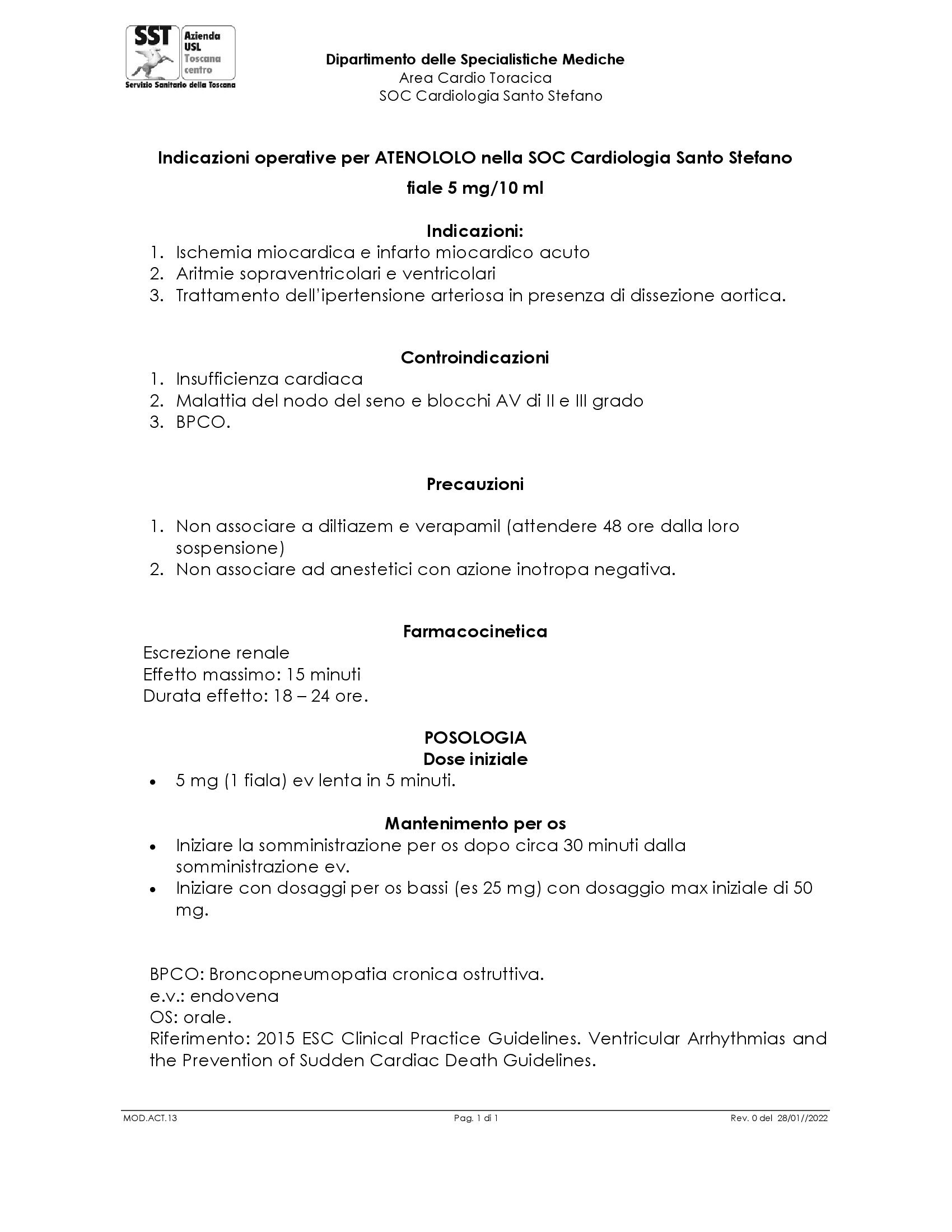 MOD.ACT.13 Indicazioni operative per ATENOLOLO nella SOC Cardiologia Santo Stefano
