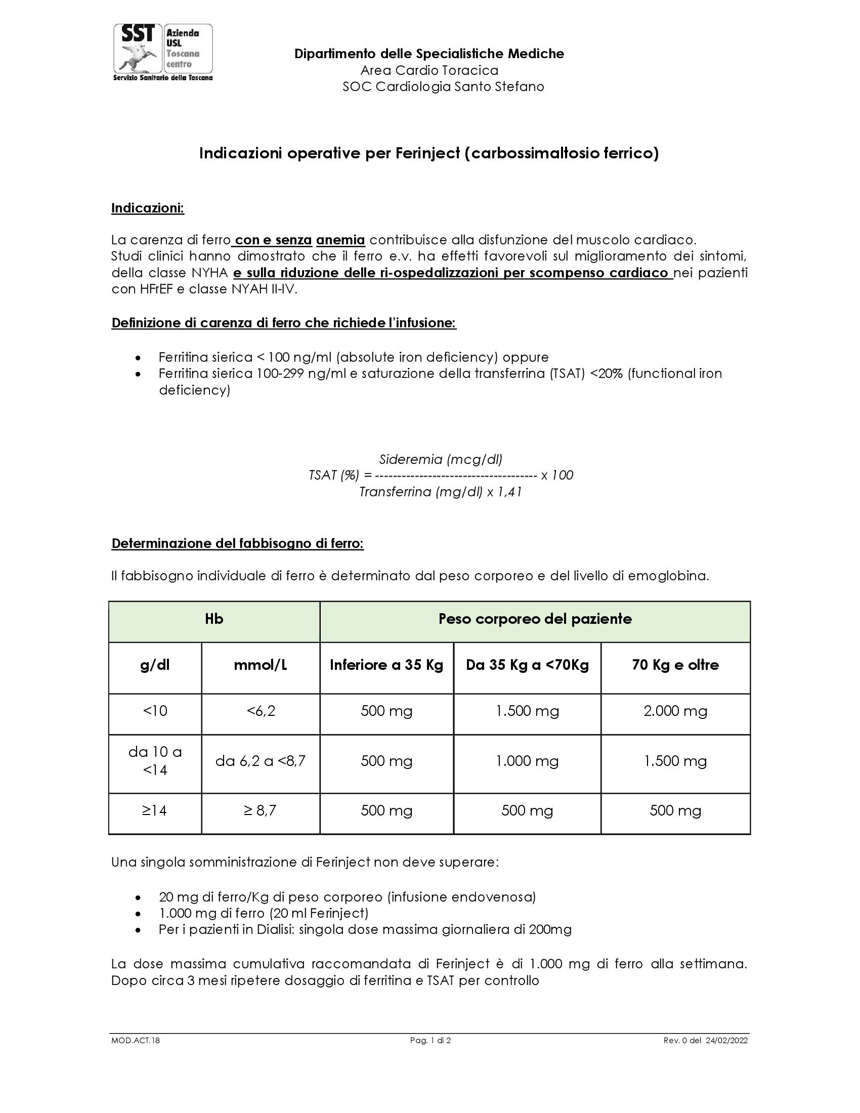 MOD.ACT.18 Indicazioni operative per Ferinject (carbossimaltosio ferrico)