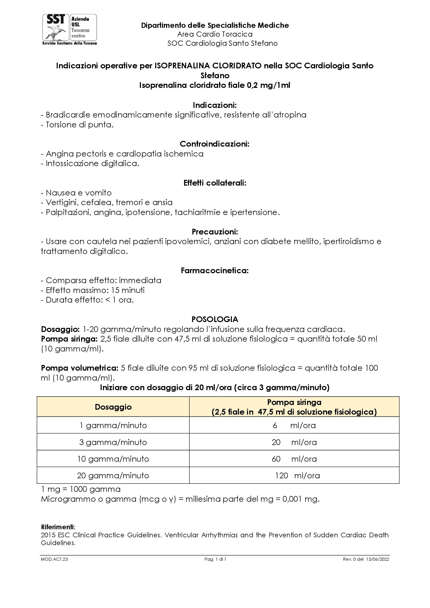 MOD.ACT.23 Indicazioni operative per ISOPRENALINA CLORIDRATO nella SOC Cardiologia Santo Stefano  Isoprenalina cloridrato fiale 0,2 mg/1ml