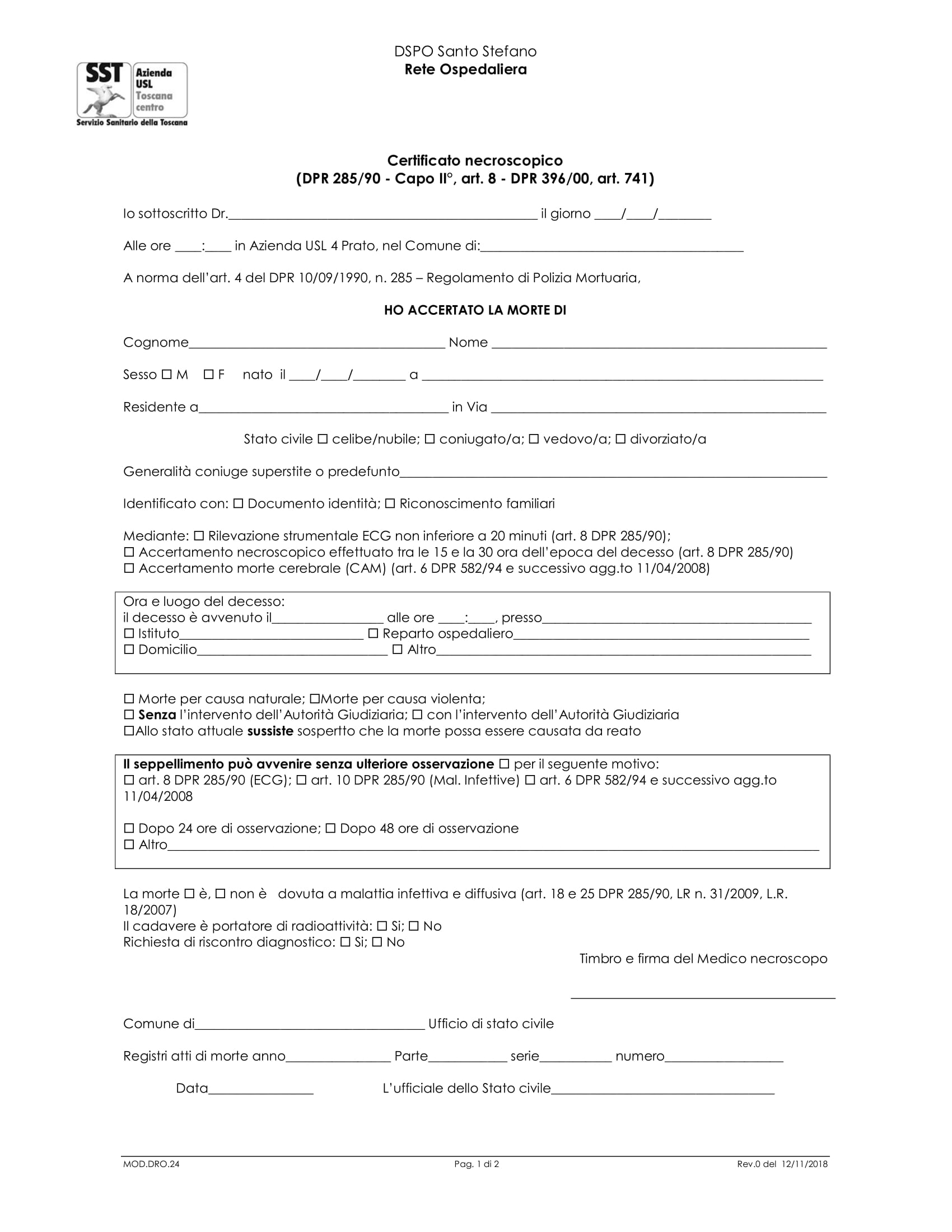 MOD.DRO.24 Certificato necroscopico (DPR 285/90 - Capo II°, art. 8 - DPR 396/00, art. 741)