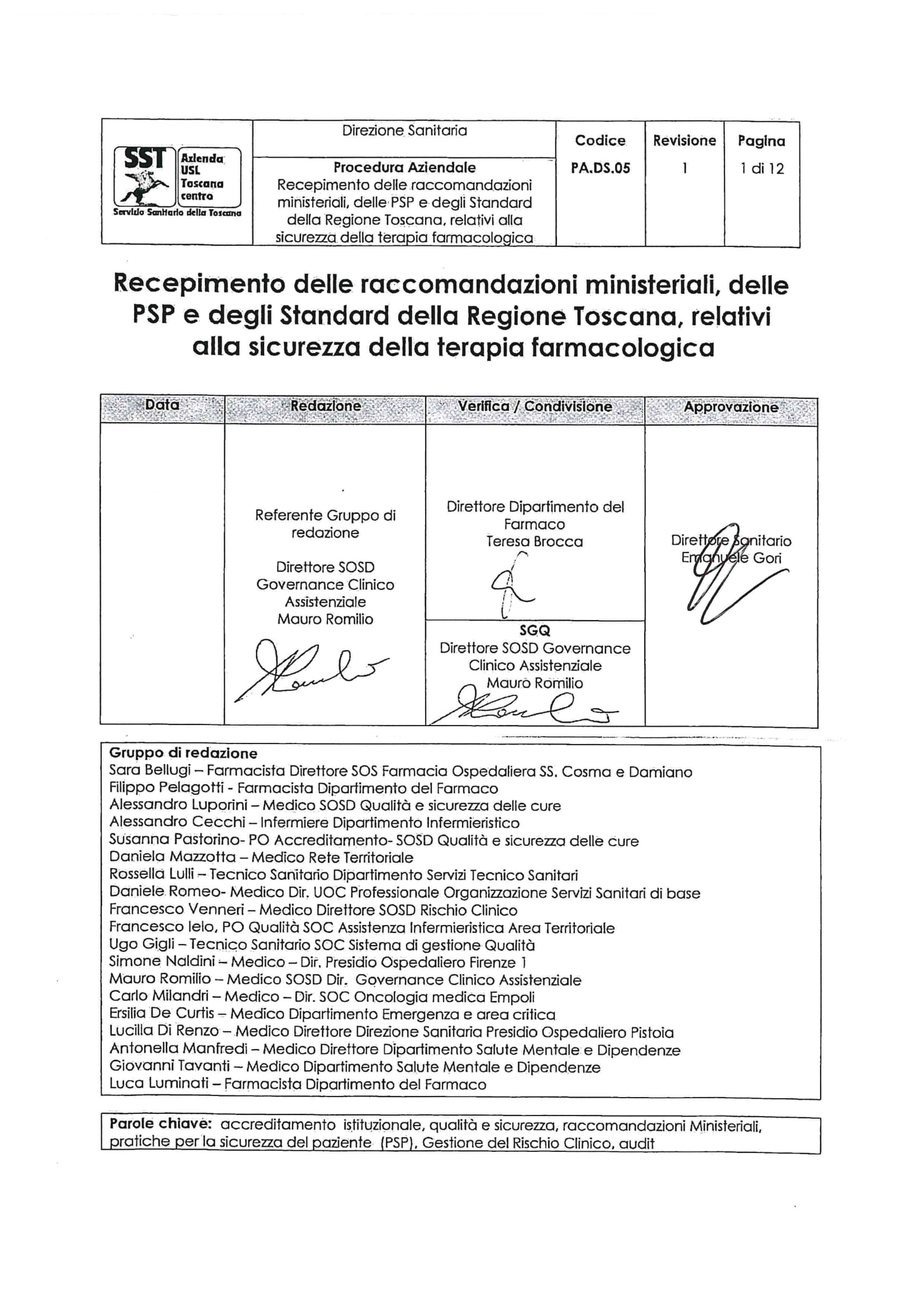 PA.DS.05 rev.1 Recepimento delle raccomandazioni ministeriali, delle PSP e degli Standard della Regione Toscana, relativi alla sicurezza della terapia farmacologica