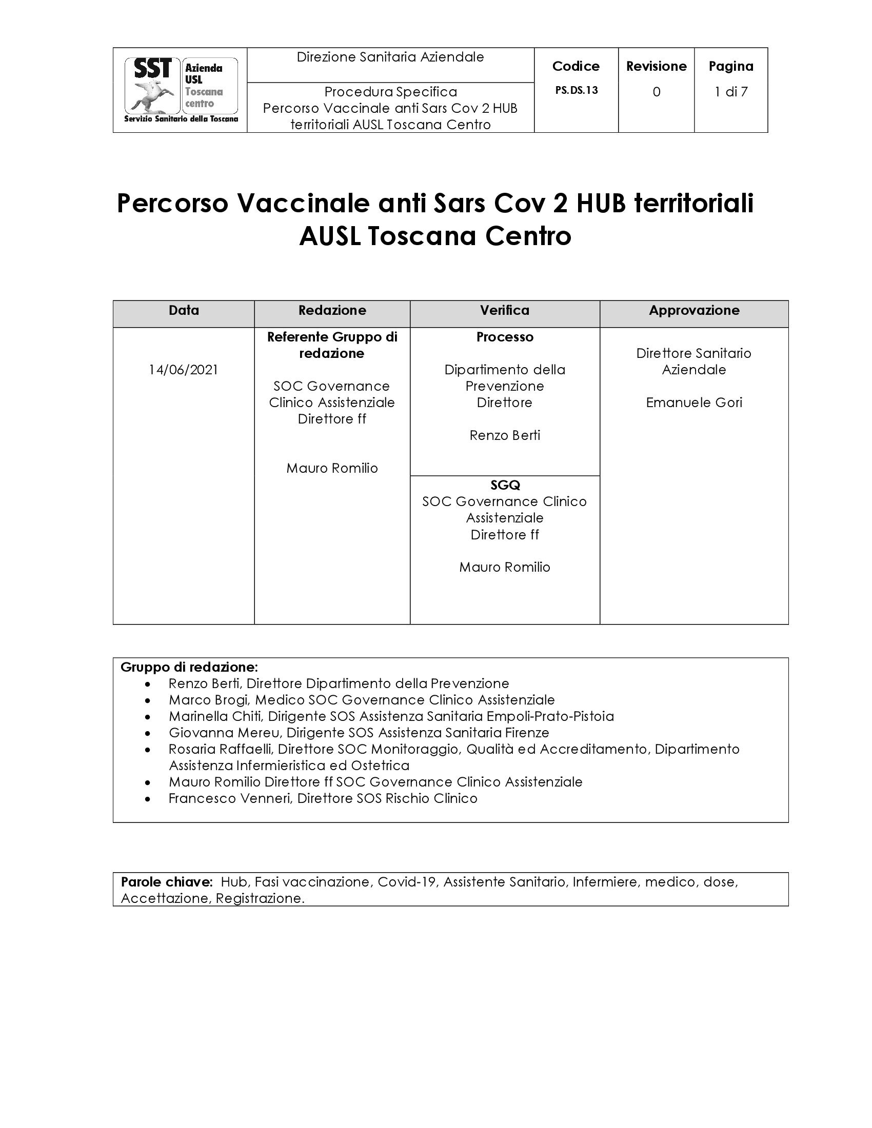 PS.DS.13 Percorso Vaccinale anti Sars Cov 2 HUB territoriali AUSL Toscana Centro