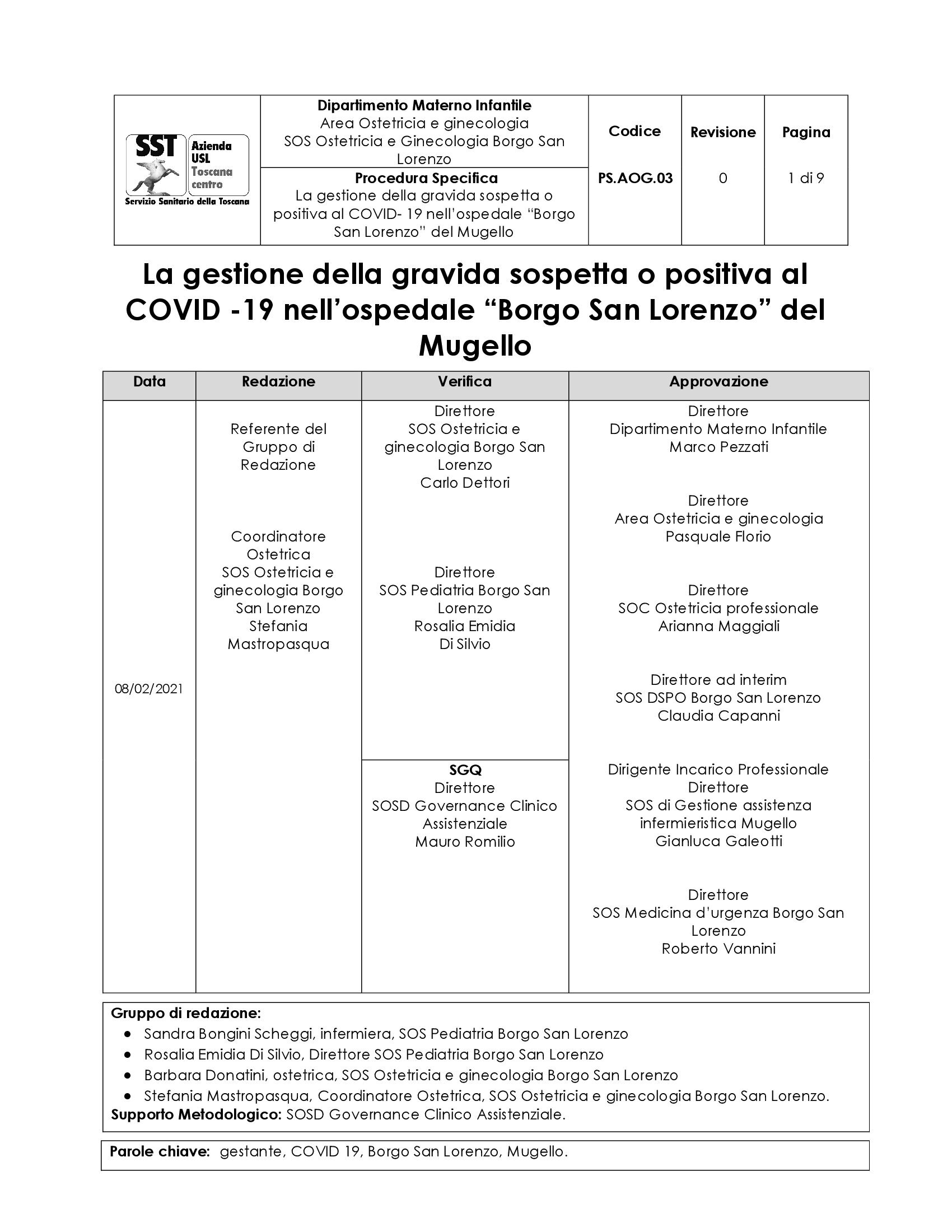 PS.AOG.03 La gestione della gravida sospetta o positiva al COVID- 19 nell’ospedale “Borgo San Lorenzo” del Mugello