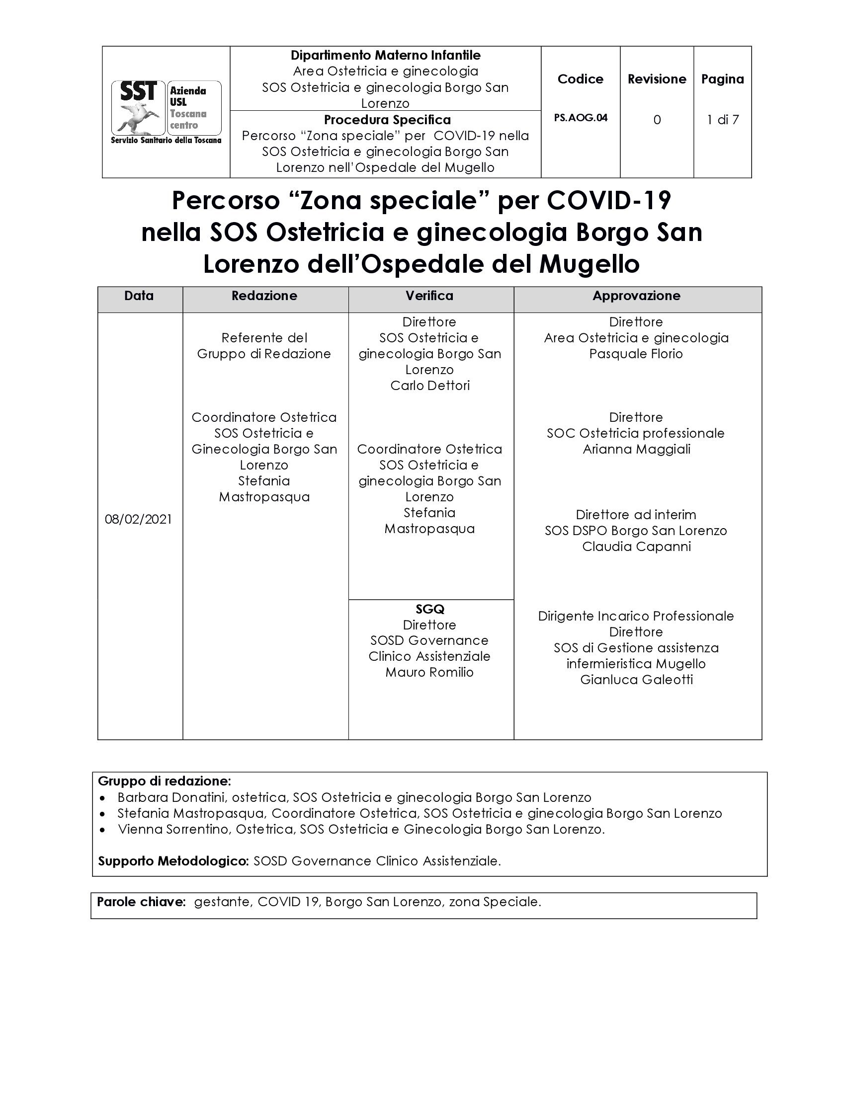 PS.AOG.04 Percorso “Zona speciale” per COVID-19 nella SOS Ostetricia e ginecologia Borgo San Lorenzo nell’Ospedale del Mugello