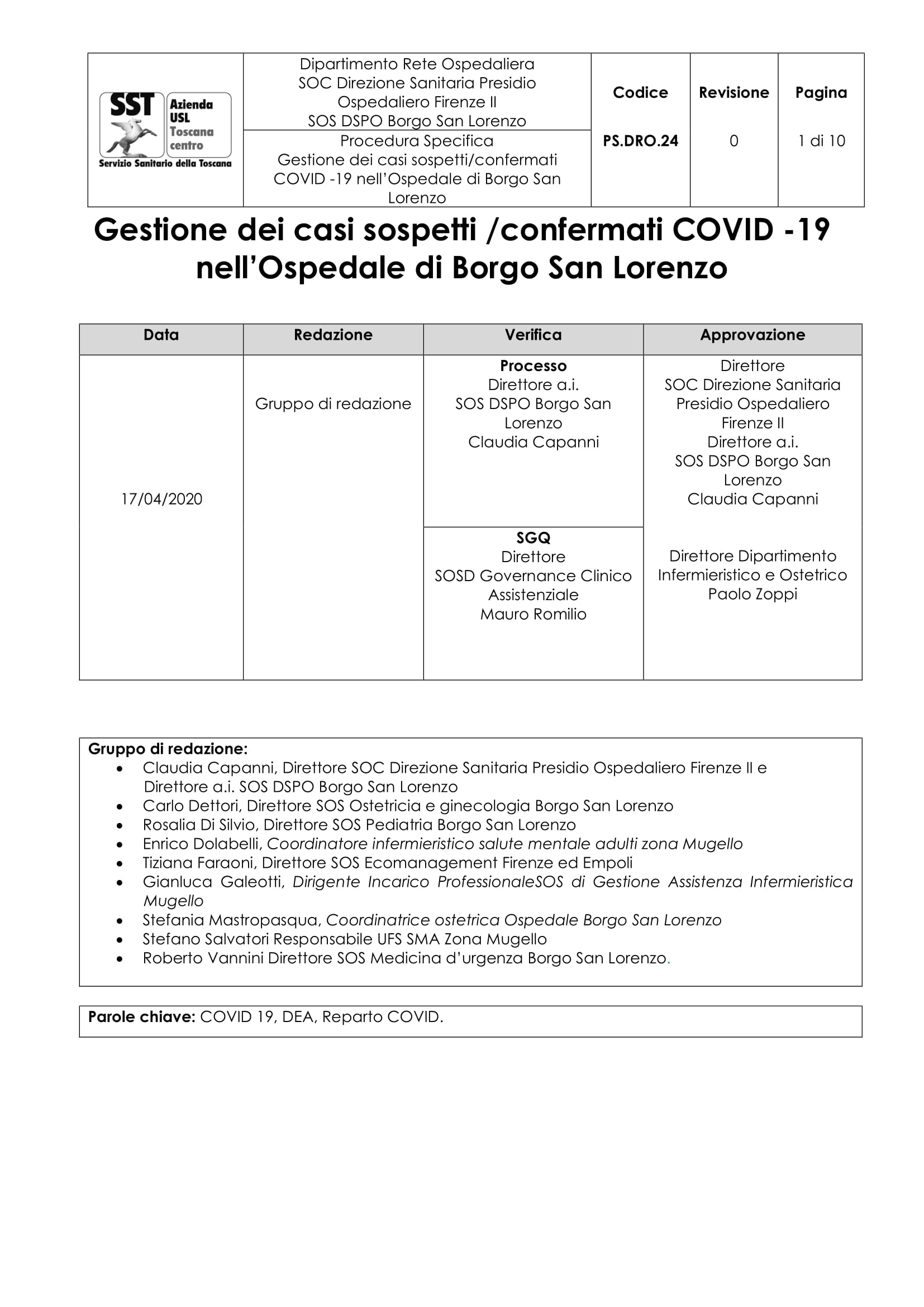 PS.DRO.24 Gestione dei casi sospetti/confermati COVID -19 nell’Ospedale di Borgo San Lorenzo