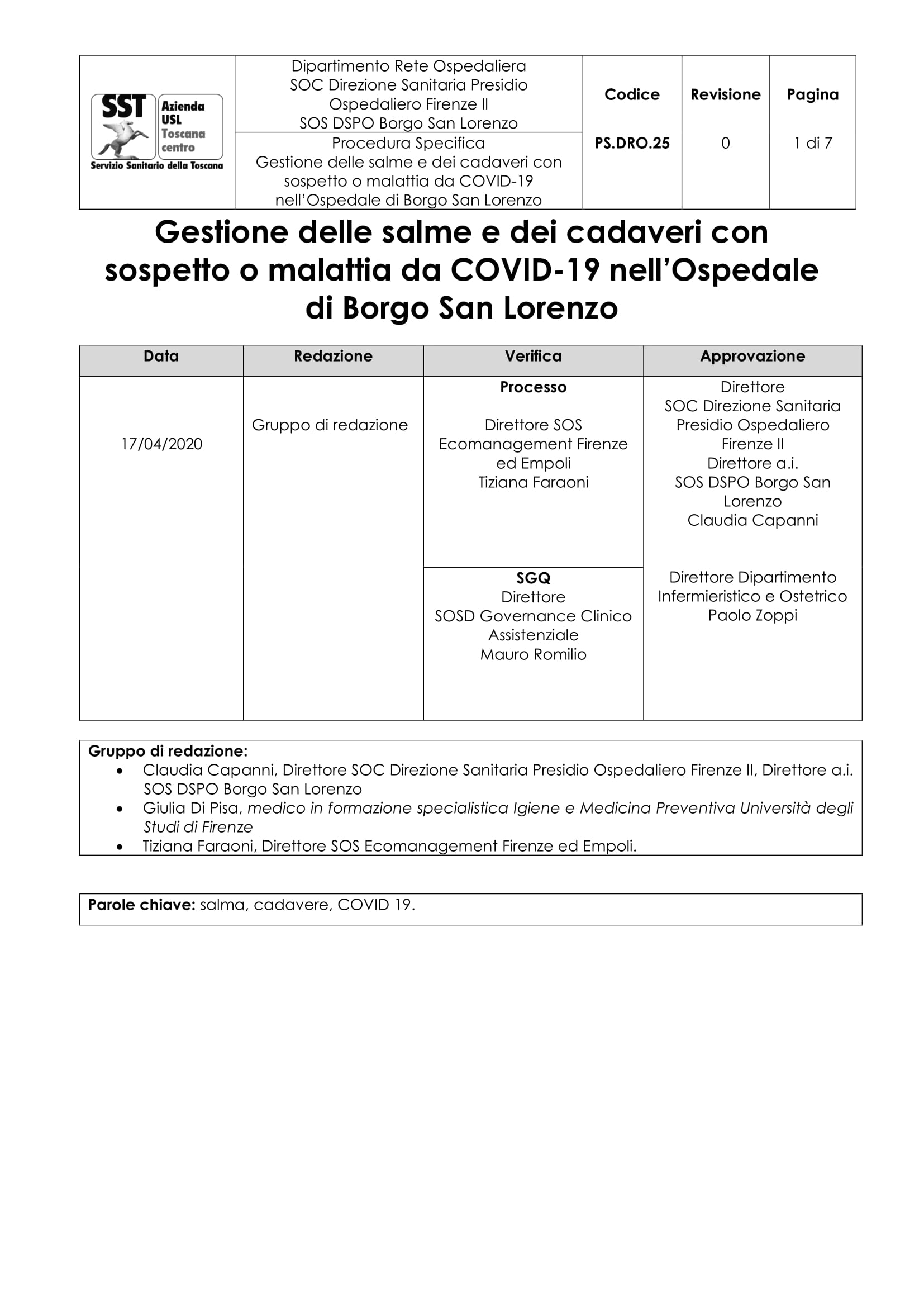 PS.DRO.25 Gestione delle salme e dei cadaveri con sospetto o malattia da COVID-19 nell’Ospedale di Borgo San Lorenzo
