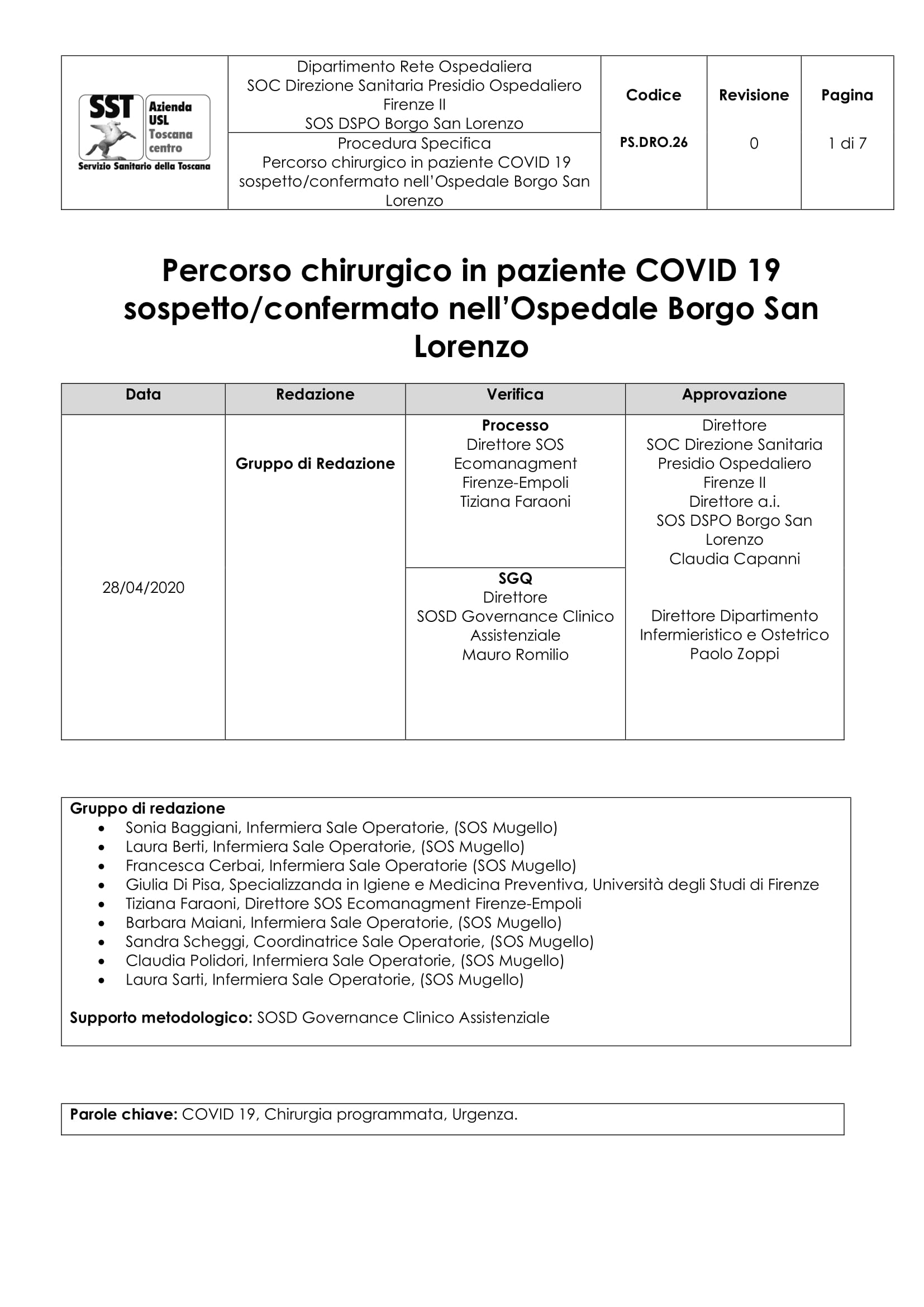 PS.DRO.26 Percorso chirurgico in paziente COVID 19 sospetto/confermato nell’Ospedale Borgo San Lorenzo