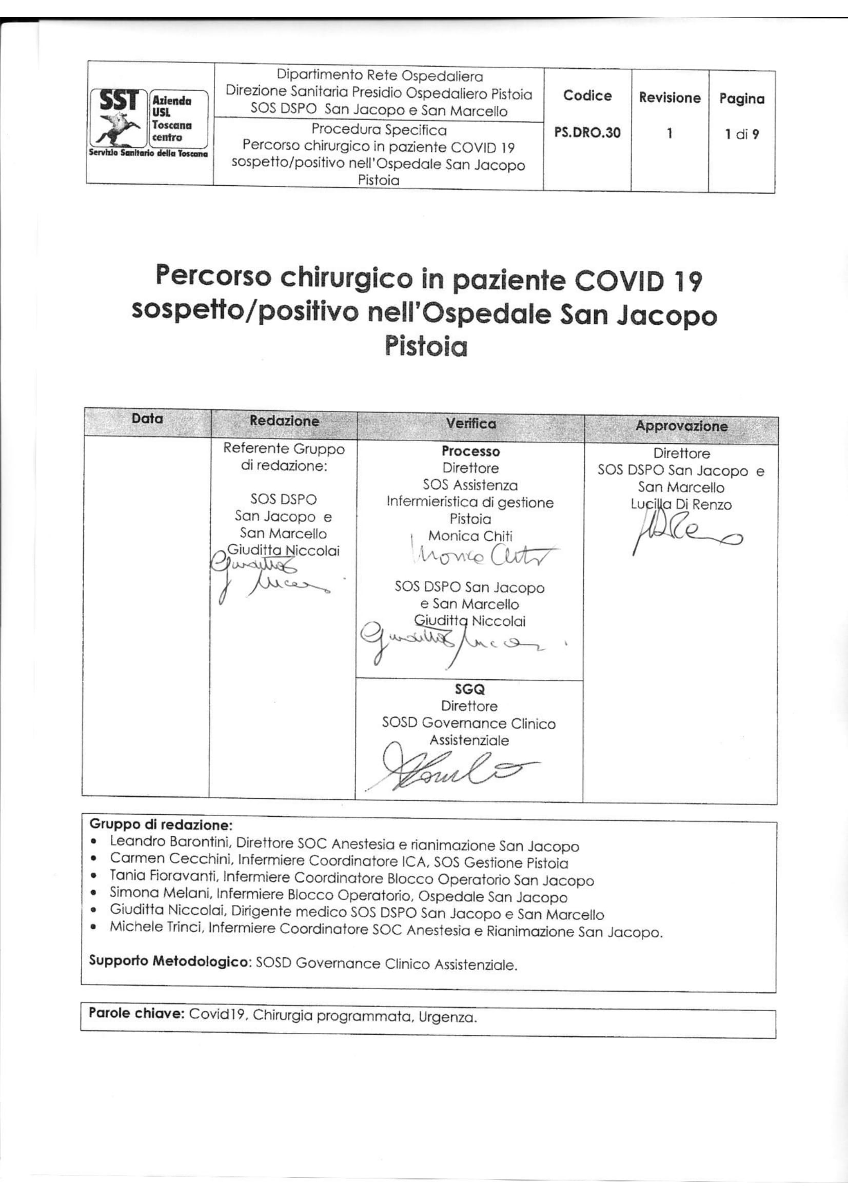 PS.DRO.30 rev.1 Percorso chirurgico in paziente COVID-19 sospetto/positivo nell’Ospedale San Jacopo Pistoia