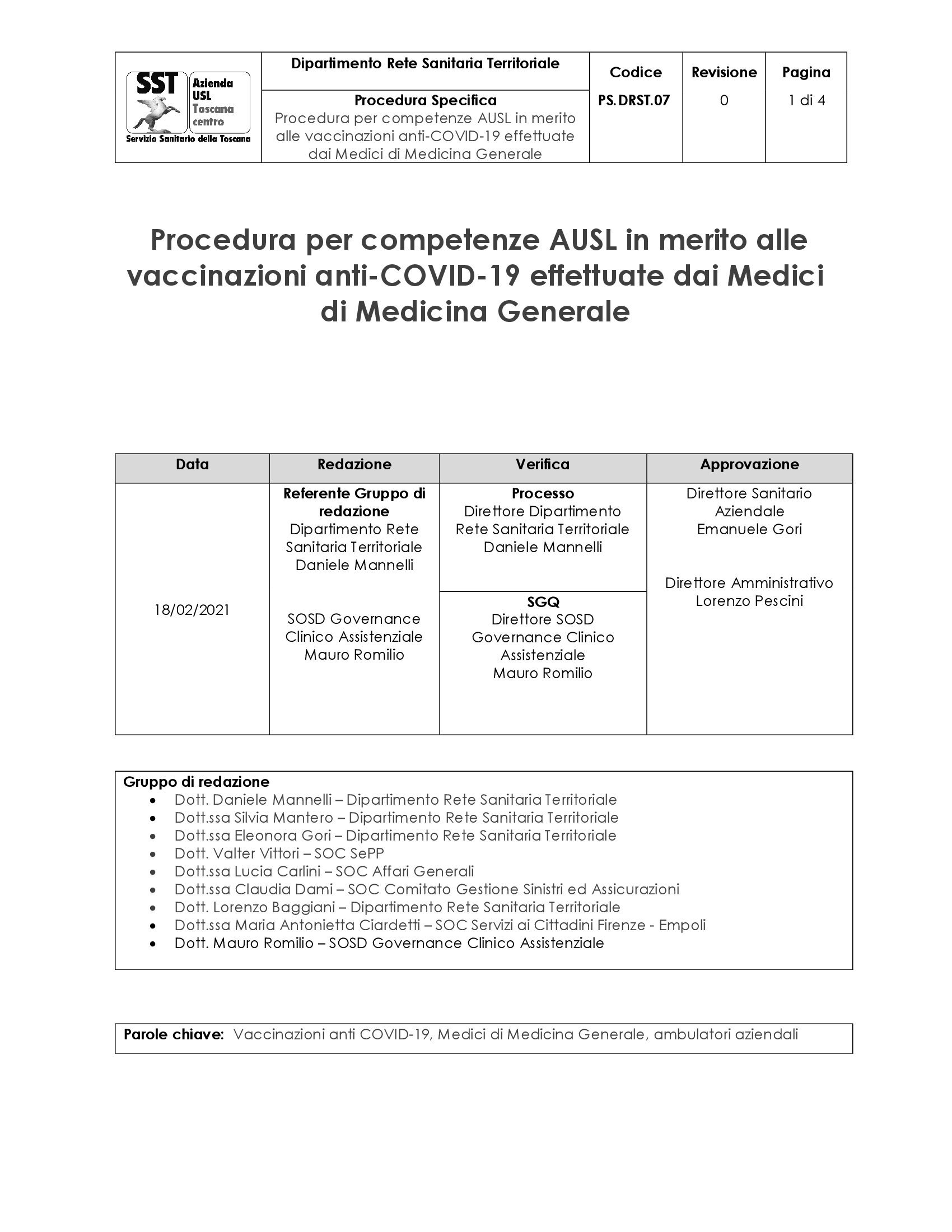 PS.DRST.07 Procedura per competenze AUSL in merito alle vaccinazioni anti-COVID-19 effettuate dai Medici di Medicina Generale