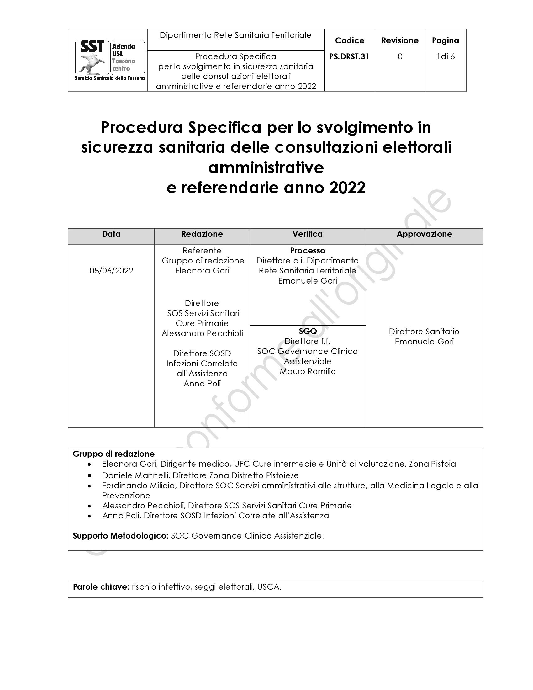 PS.DRST.31 Procedura Specifica per lo svolgimento in sicurezza sanitaria delle consultazioni elettorali amministrative e referendarie anno 2022