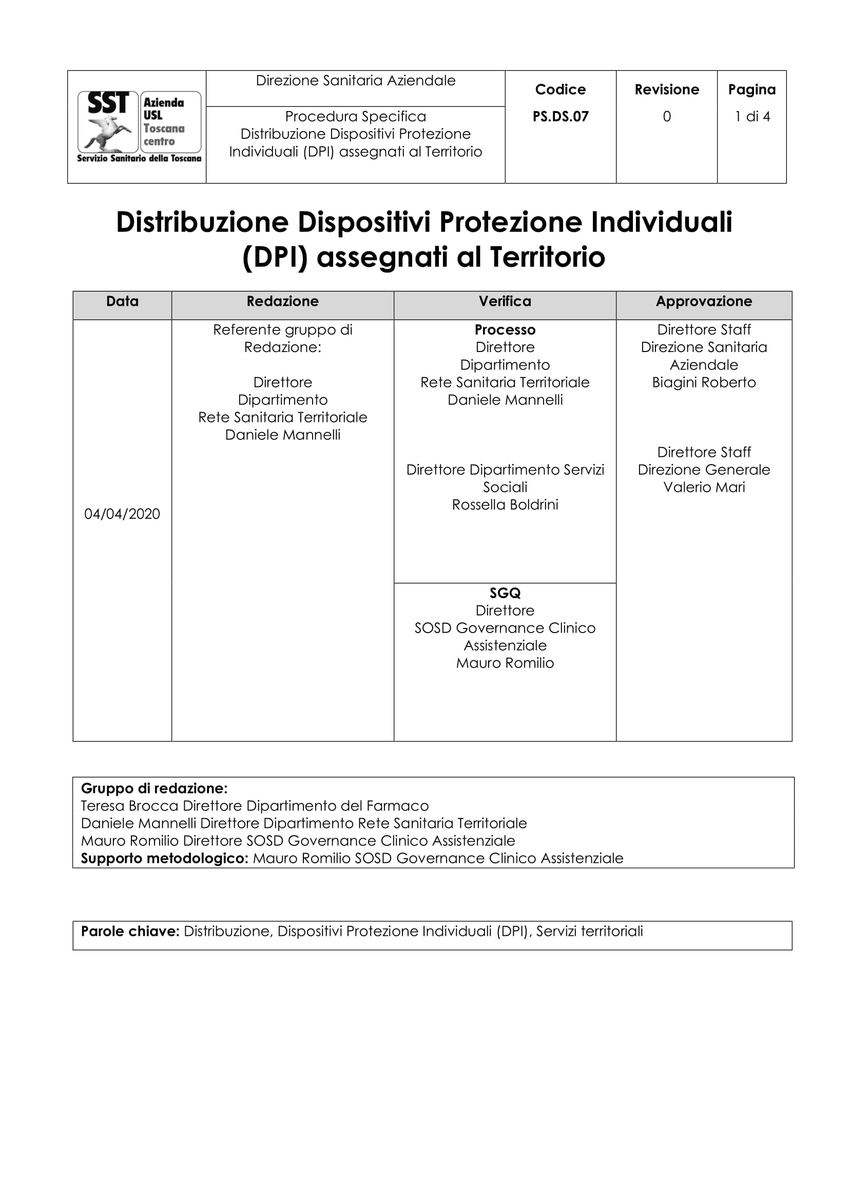 PS.DS.07 Distribuzione Dispositivi Protezione Individuali (DPI) assegnati al Territorio