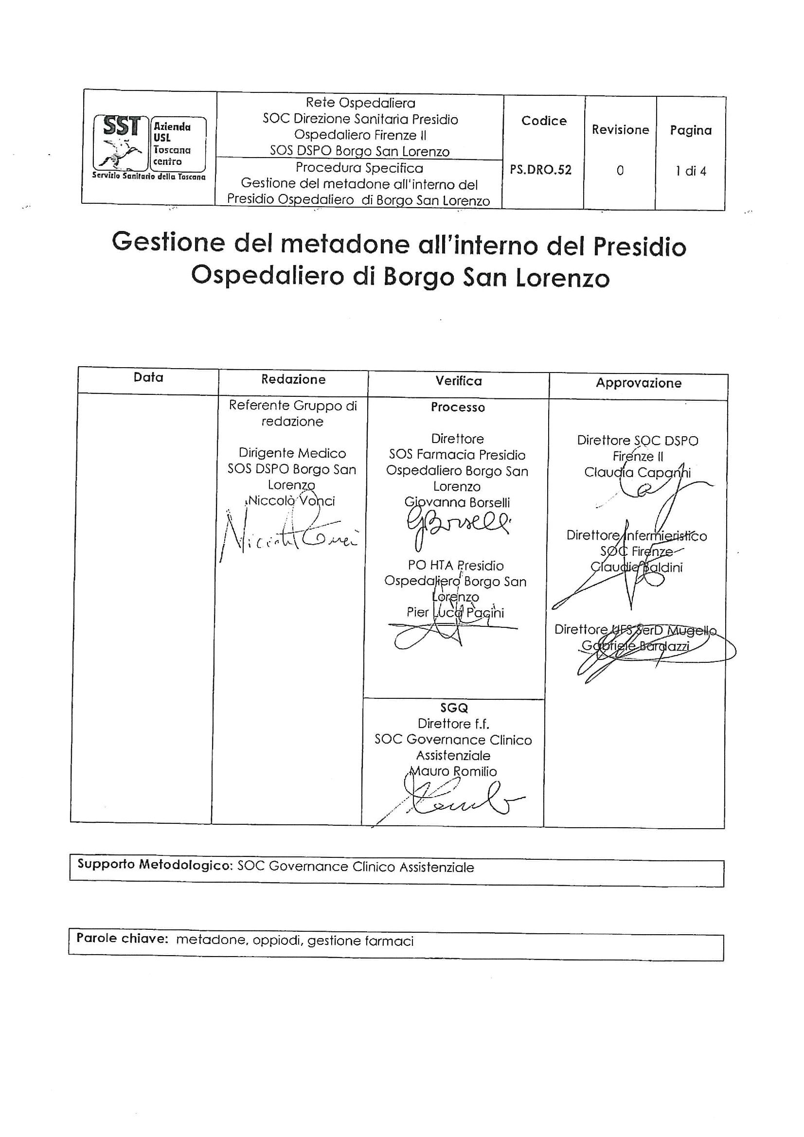 PS.DRO.52 Gestione del metadone all’interno del Presidio Ospedaliero di Borgo San Lorenzo