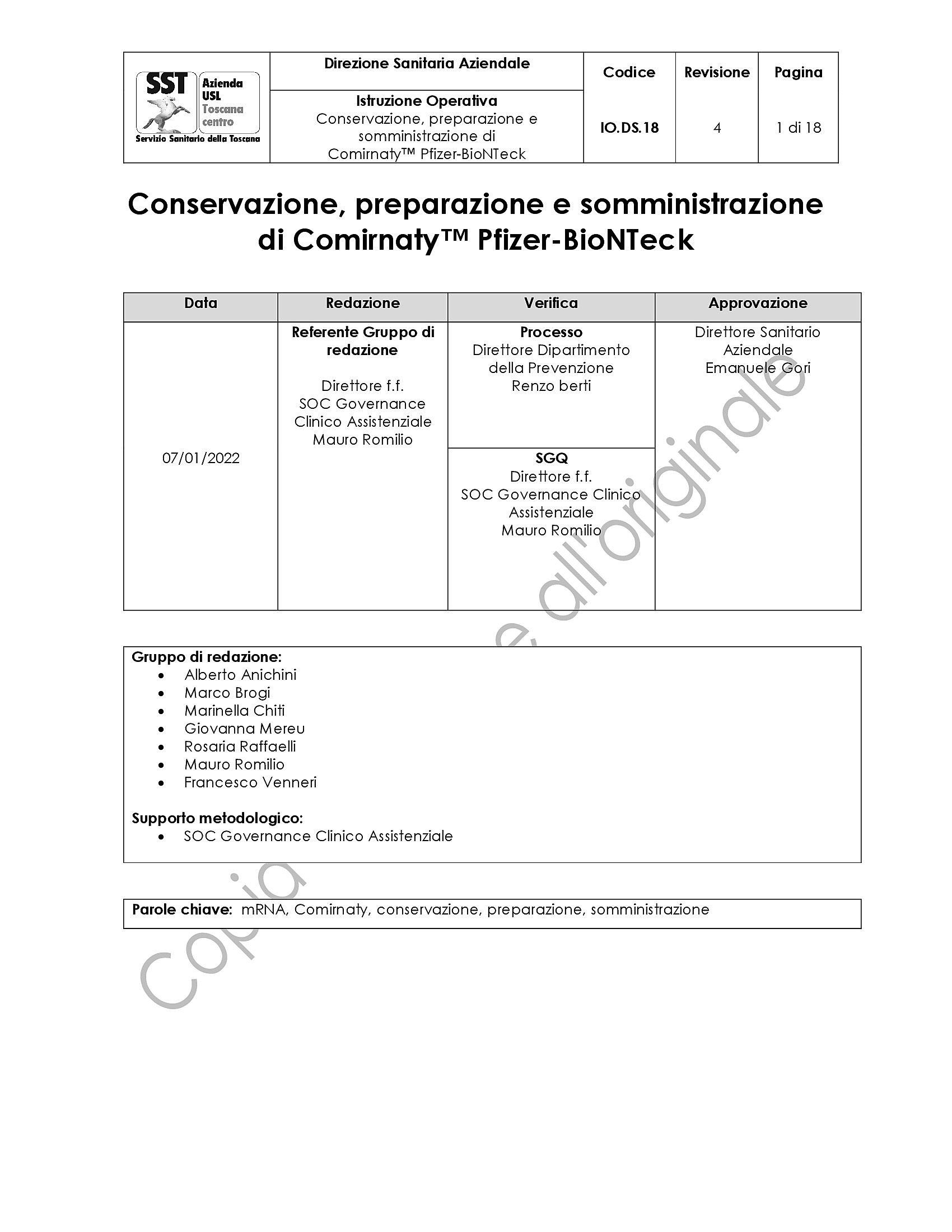 IO.DS.18 rev.4 Conservazione, preparazione e somministrazione di Comirnaty™ Pfizer-BioNTeck