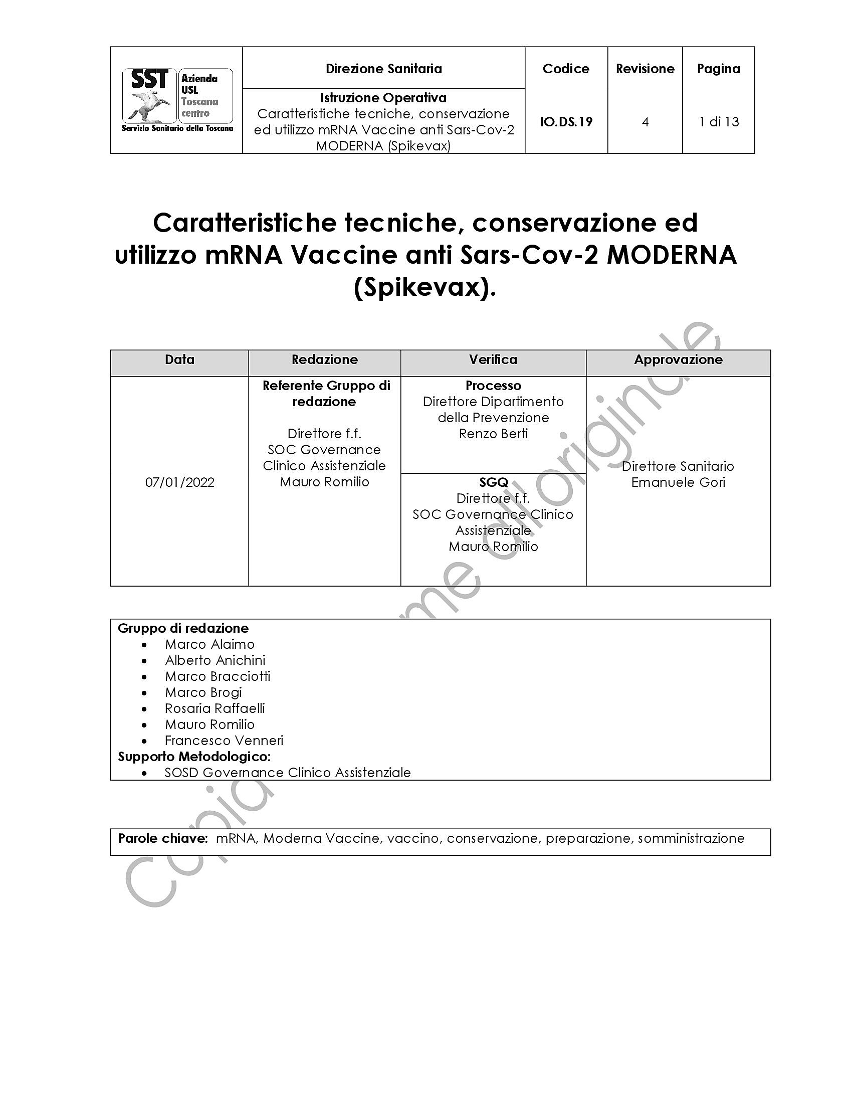 IO.DS.19 rev.4 Caratteristiche tecniche, conservazione ed utilizzo mRNA Vaccine anti Sars-Cov-2 MODERNA (Spikevax)