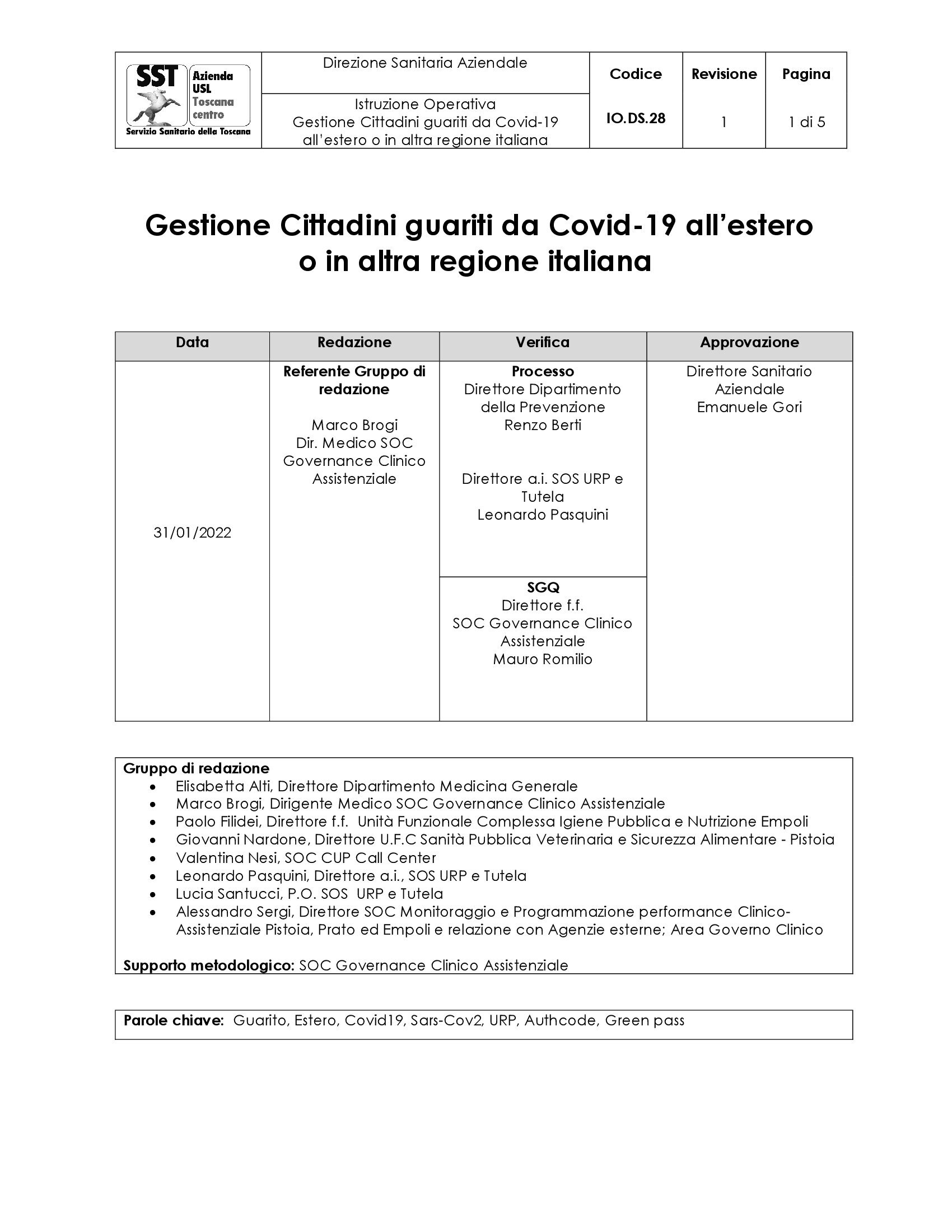 IO.DS.28 rev. 1: Gestione Cittadini guariti da Covid-19 all’estero od in altra regione italiana