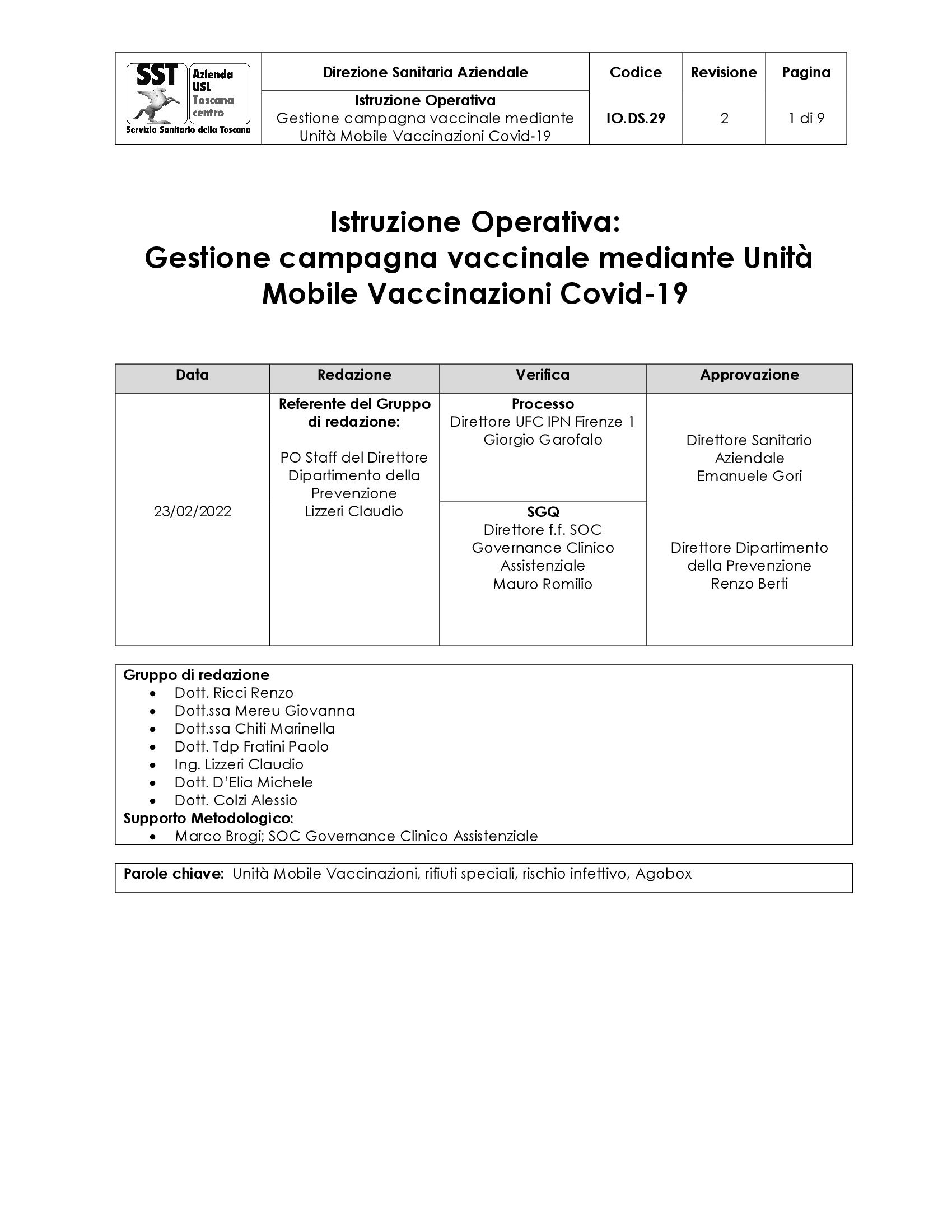 IO.DS.29 rev. 2 Gestione campagna vaccinale mediante Unità Mobile Vaccinazioni Covid-19