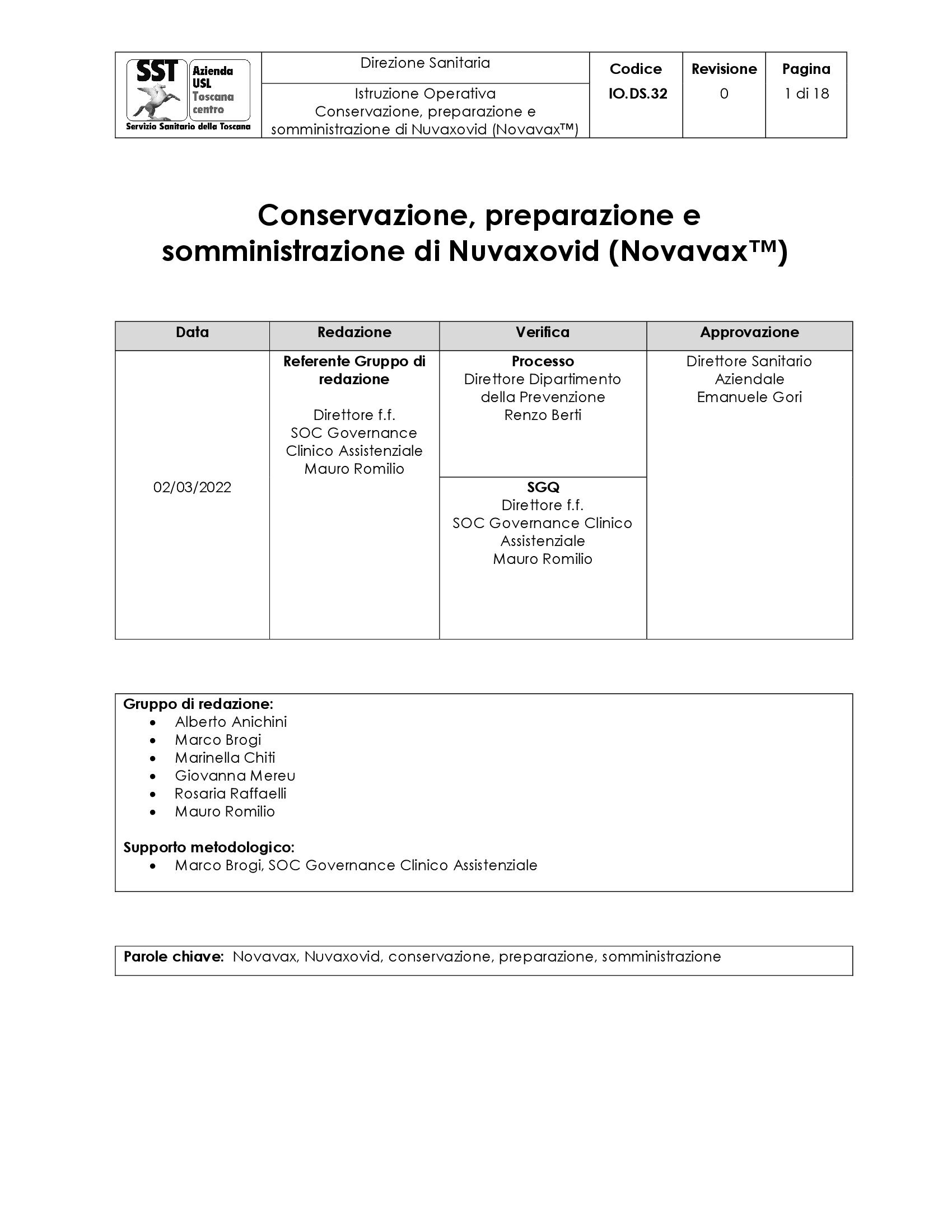IO.DS.32: Conservazione, preparazione e somministrazione di Nuvaxovid (Novavax™)