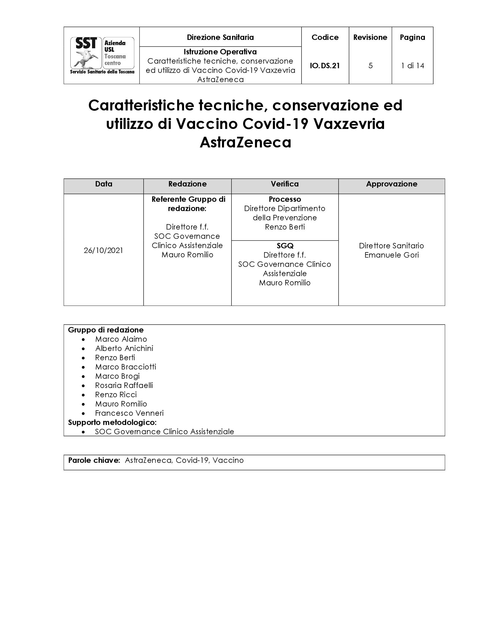 IO.DS.21 rev.5 Caratteristiche tecniche, conservazione ed utilizzo di Vaccino Covid-19 Vaxzevria  AstraZeneca